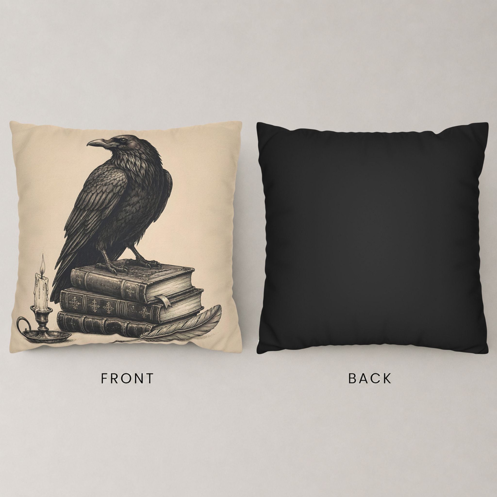 Dark academia pillow cover showing raven artwork front and solid black back.