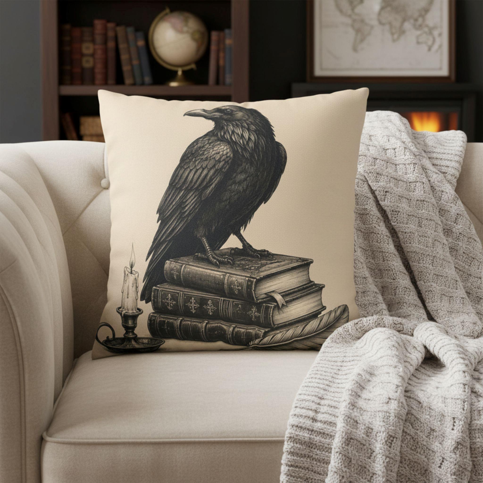 Dark academia raven pillow cover styled with a neutral couch and soft throw blanket.