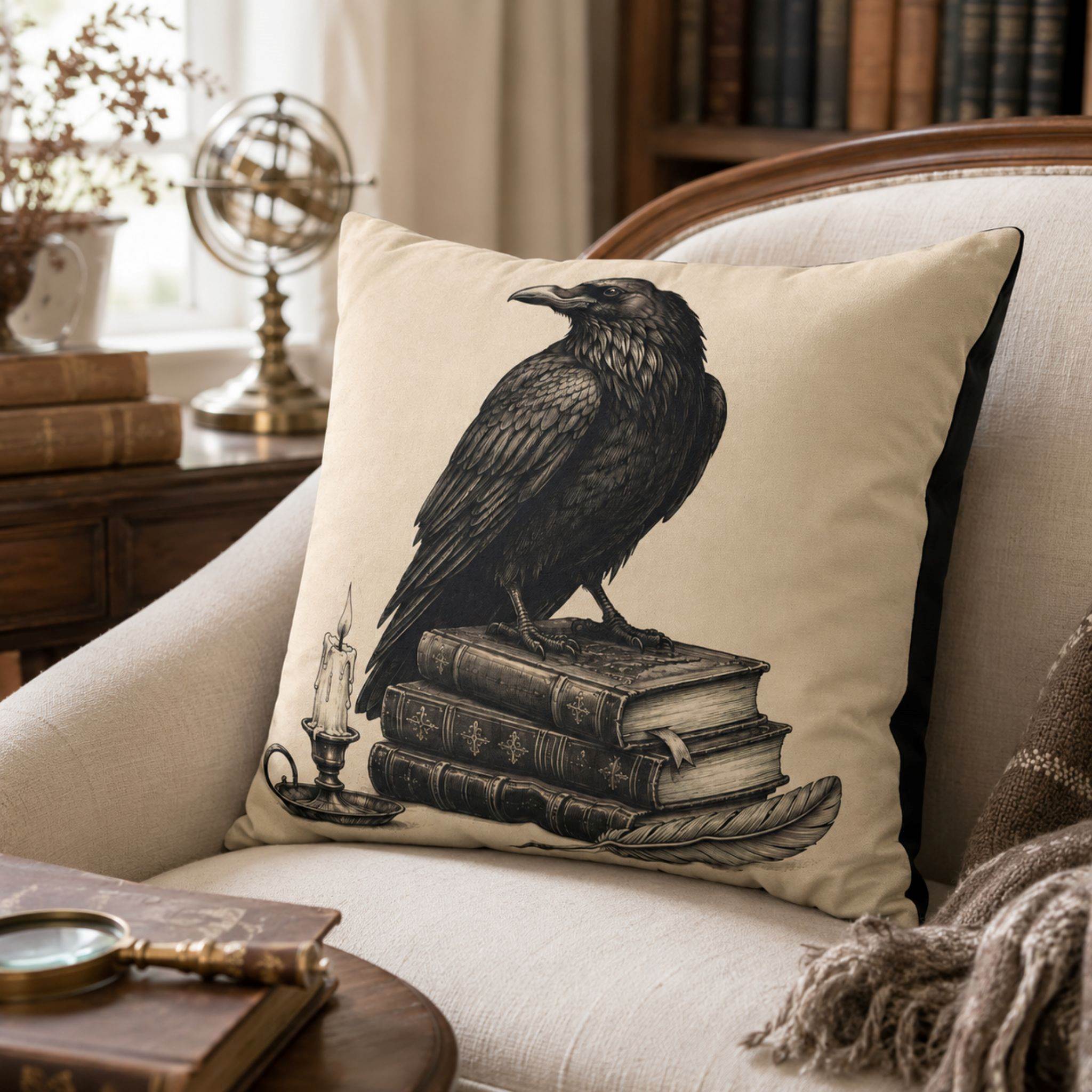Dark academia raven pillow cover styled with books, warm lamp light, and neutral chair