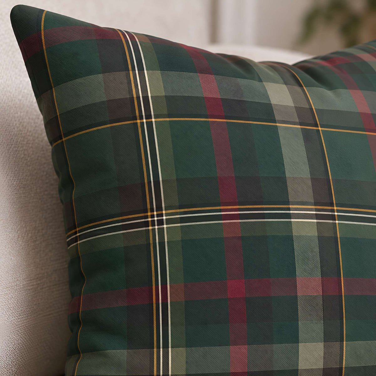 Close view of the Cedar Ember tartan plaid pillow cover’s forest-green checks, burgundy bands, and fine gold lines.