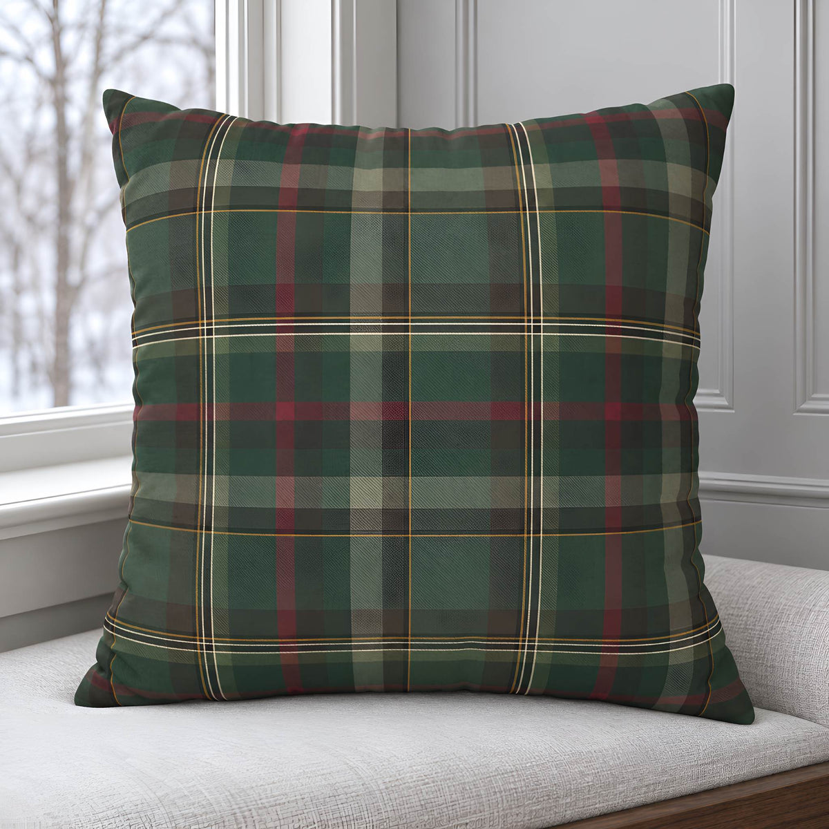 Cedar Ember green tartan plaid throw pillow cover with burgundy bands and fine gold lines on a light upholstered seat.