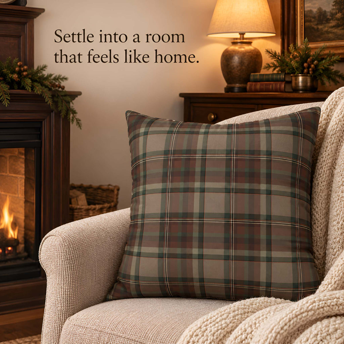 A square plaid throw pillow in muted green, taupe, and brown tones rests on a cream armchair in a cozy living room setting with a fireplace, lamp, and warm text overlay.