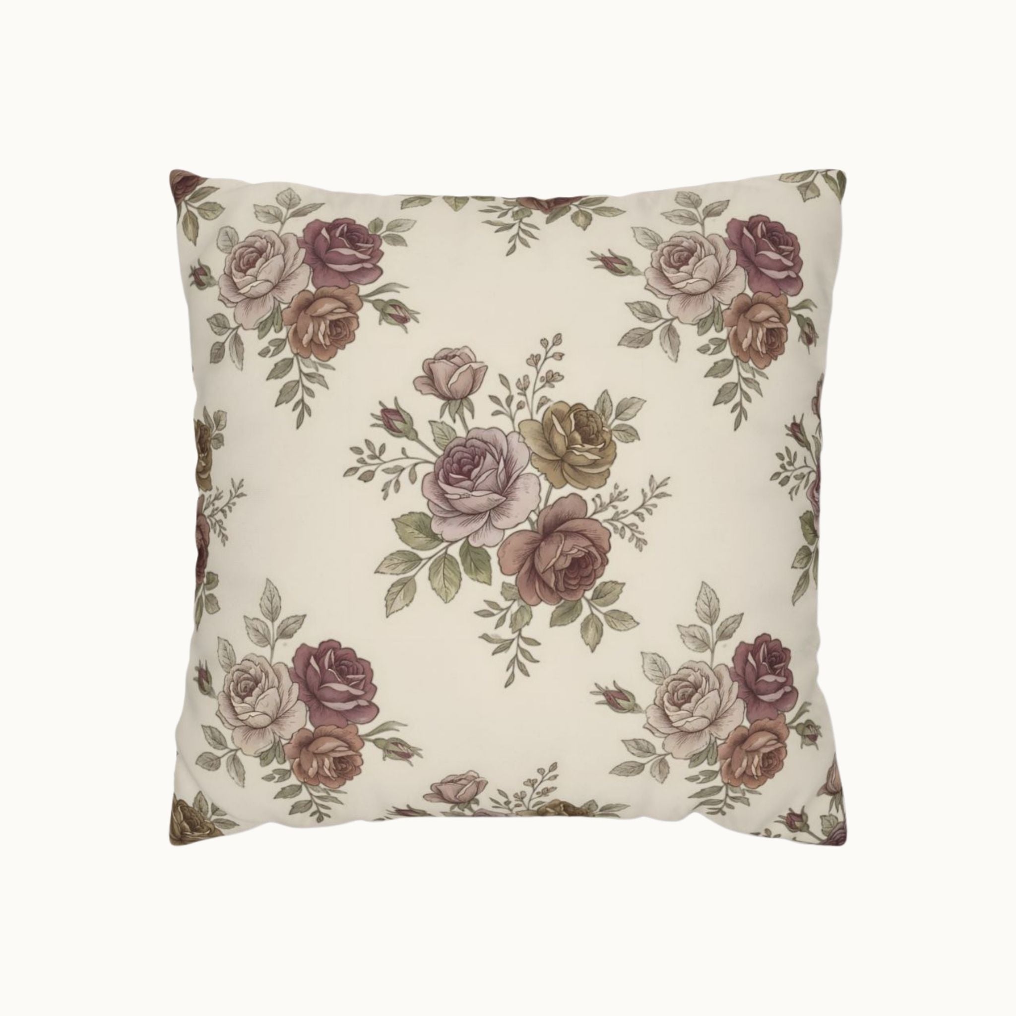 A square throw pillow featuring a vintage-style floral print with muted roses in dusty pink, mauve, and olive green on an off-white background.