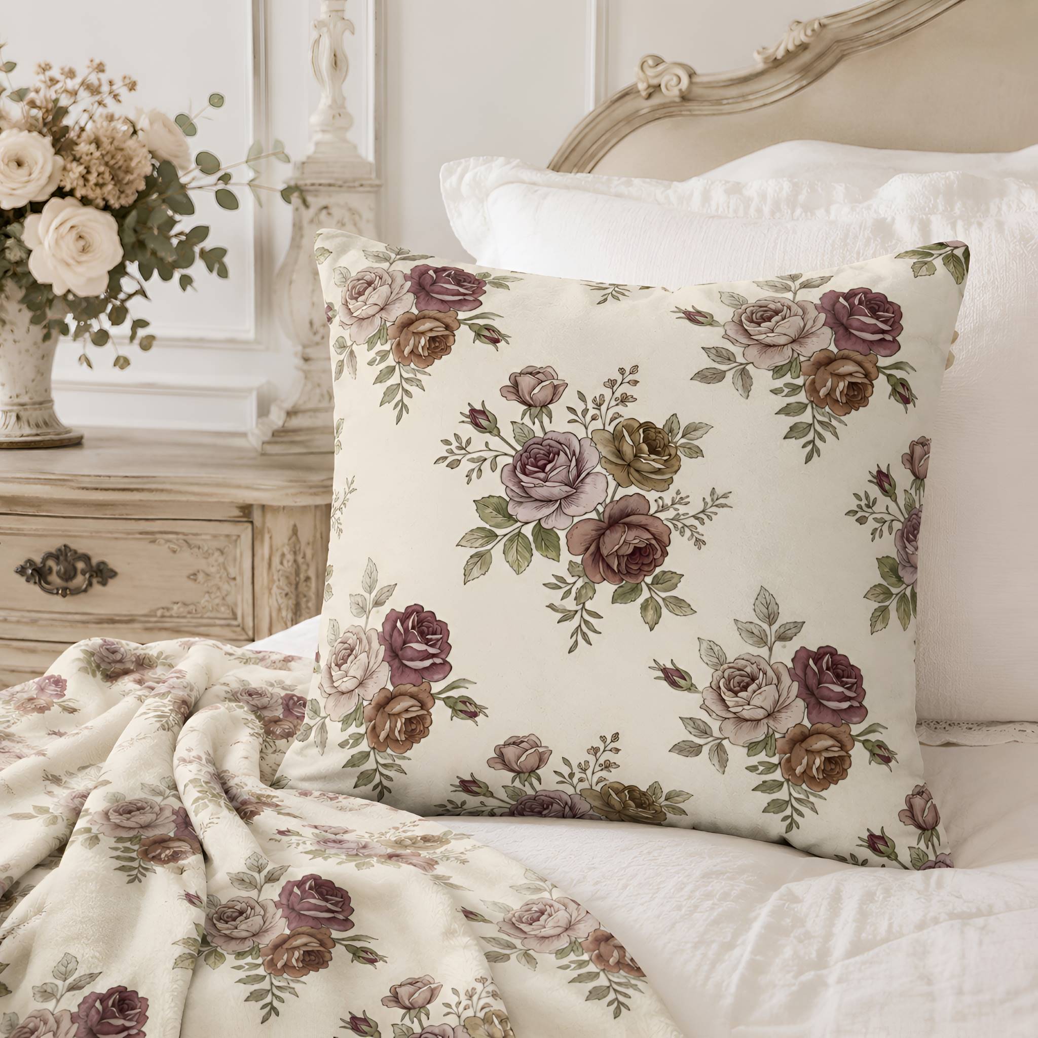 A floral throw pillow and matching blanket set on a bed in a softly styled bedroom. The bedding features an off-white background with a vintage-style rose print in muted mauve, dusty rose, olive green, and taupe tones.
