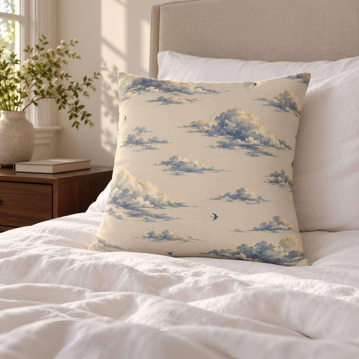 Cloudveil blue and ivory decorative pillow cover on a cream armchair beside a window.