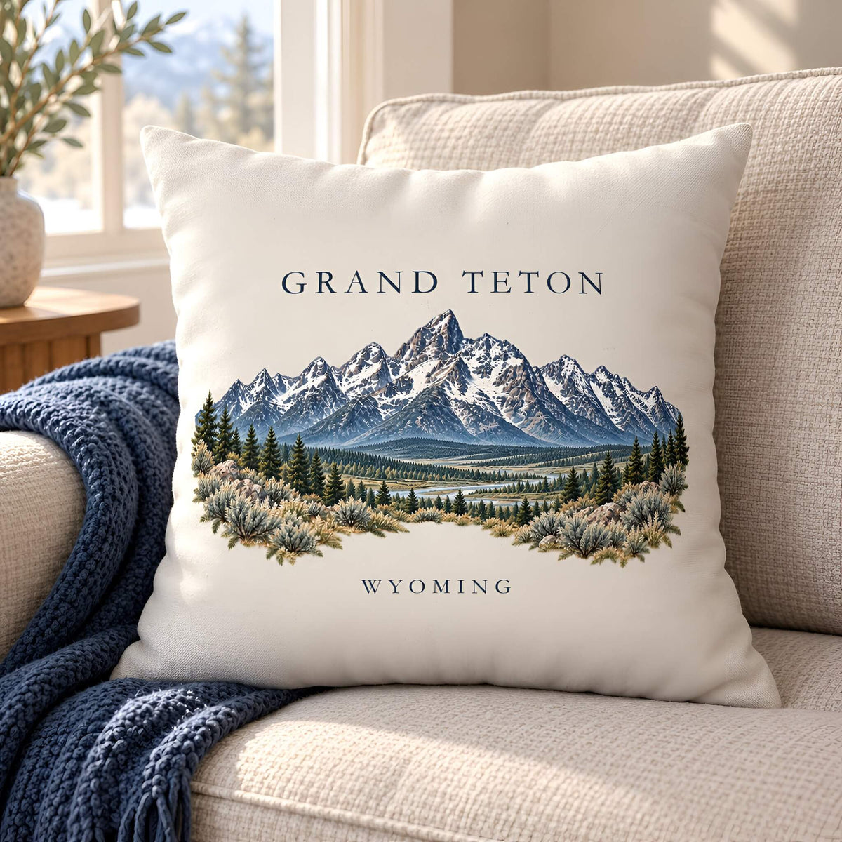 A square cream throw pillow featuring a printed illustration of the Grand Teton mountains in Wyoming, styled on a beige couch with a blue knit blanket.