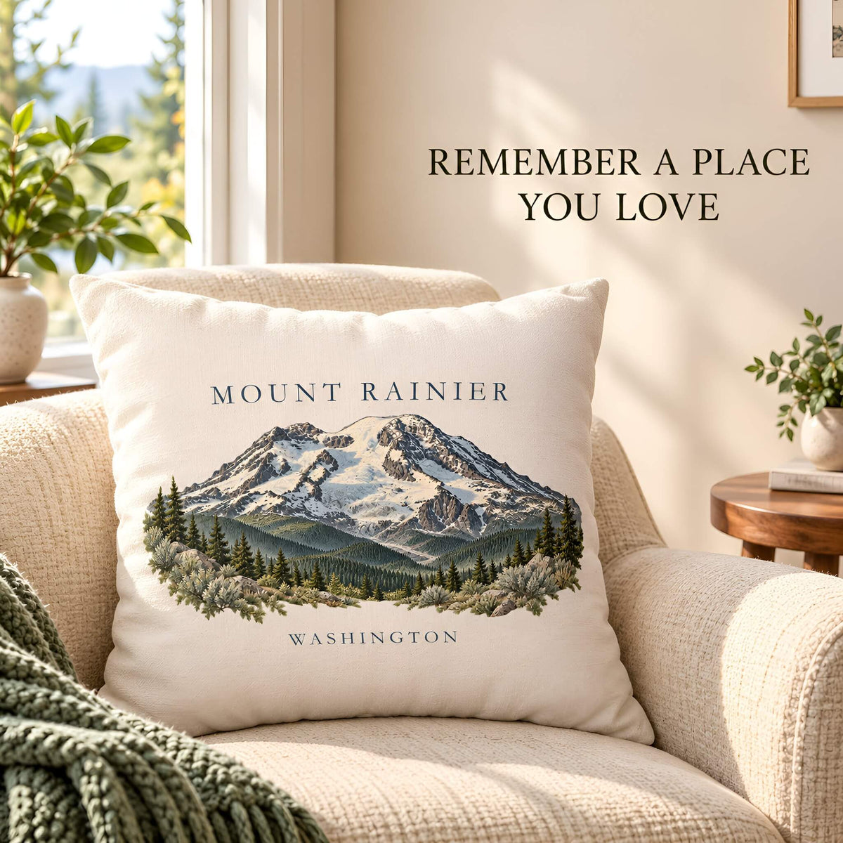 A square ivory throw pillow with a printed illustration of Mount Rainier, Washington, styled on a beige armchair in a sunlit room. The text 'MOUNT RAINIER' and 'WASHINGTON' is printed on the pillow, and 'REMEMBER A PLACE YOU LOVE' is written on the wall above.