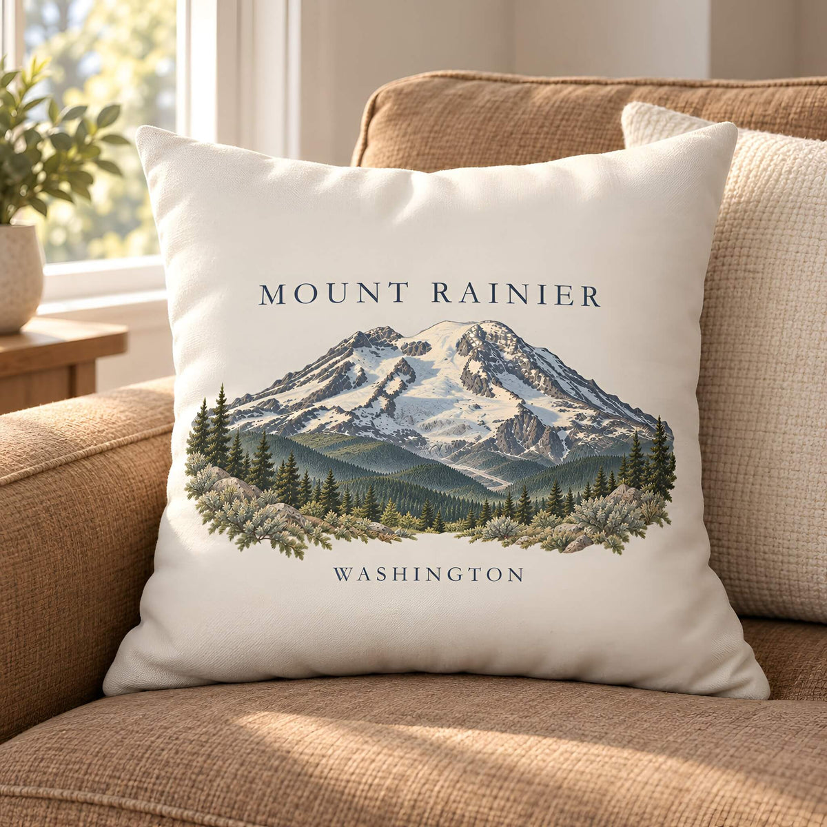 A square greige throw pillow featuring a printed illustration of Mount Rainier with the text 'MOUNT RAINIER' above and 'WASHINGTON' below, styled on a brown textured couch in a sunlit room.