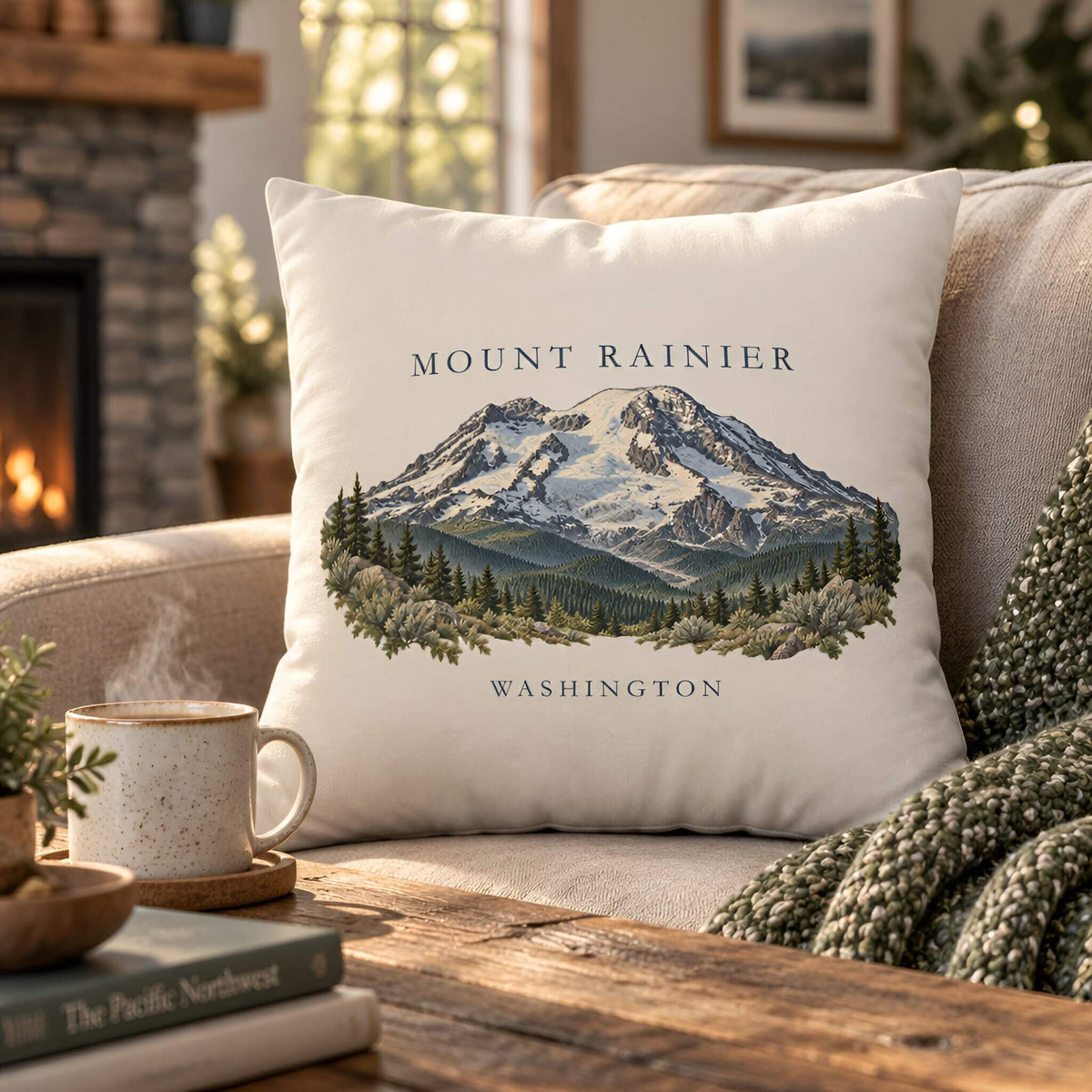 A square off-white throw pillow featuring a printed illustration of Mount Rainier, Washington, styled on a beige sofa in a cozy living room setting with a mug and blanket nearby.