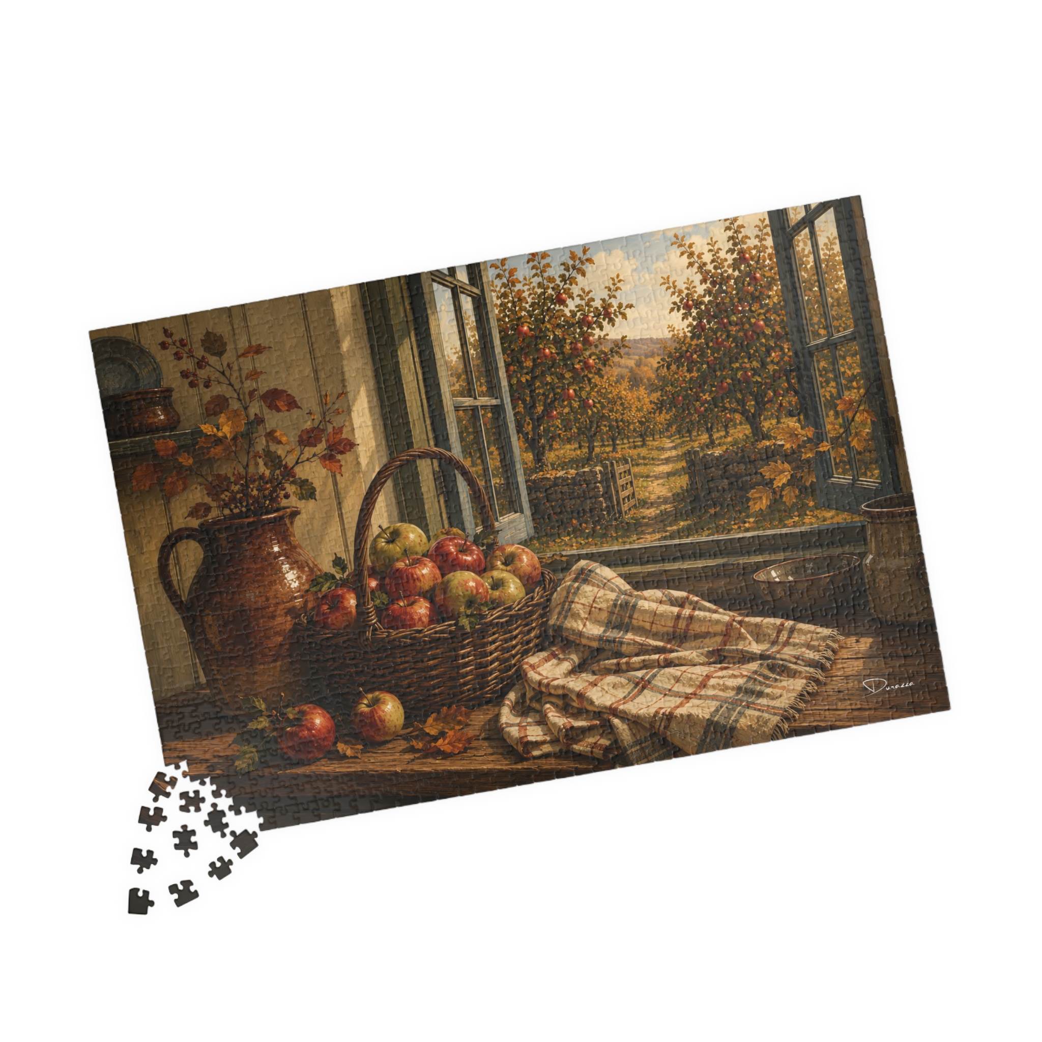 A 1000-piece jigsaw puzzle featuring a still life painting of apples in a basket and vase by an open window, shown on a white background with a small cluster of puzzle pieces in the lower left.