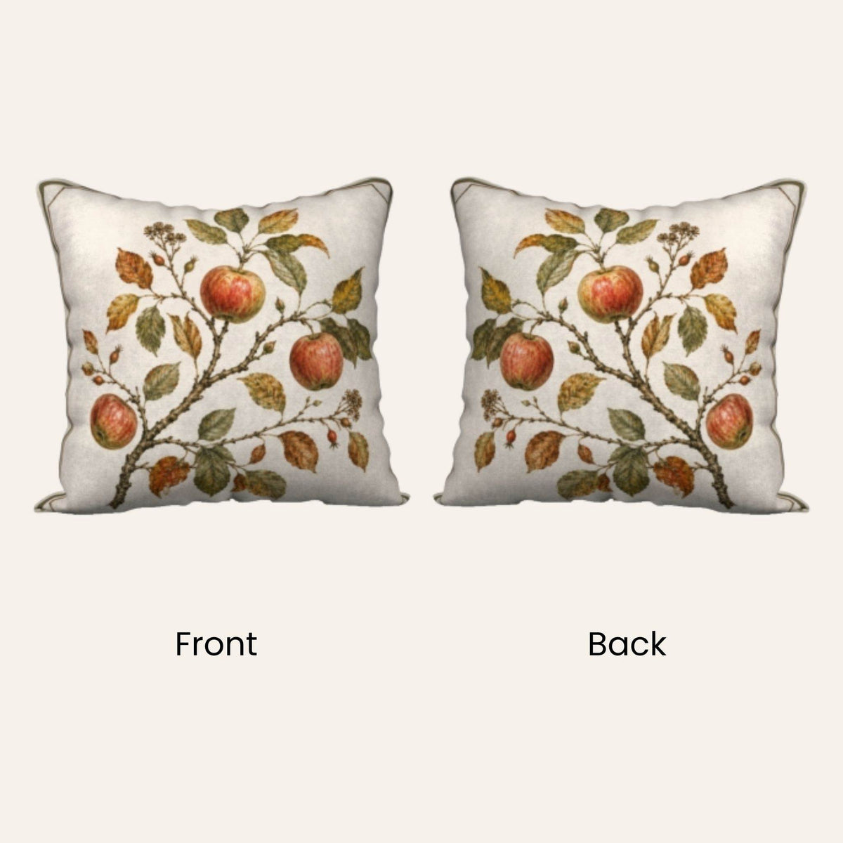 A square throw pillow shown side by side labeled Front and Back, featuring an apple tree branch print with red apples and green-brown leaves on a light cream background.