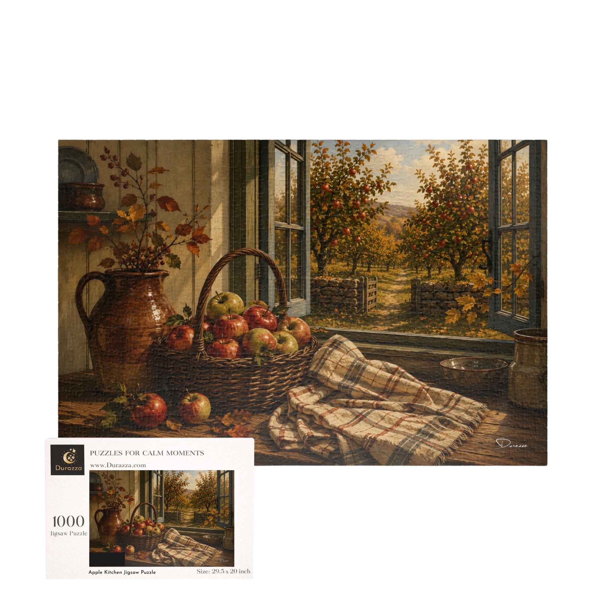 A 1000-piece jigsaw puzzle box shown alongside the completed puzzle artwork. The scene depicts a rustic still life with a wicker basket of red and green apples, a brown ceramic vase with flowers, and a plaid blanket spread on a wooden table, with an open window revealing an outdoor orchard view.