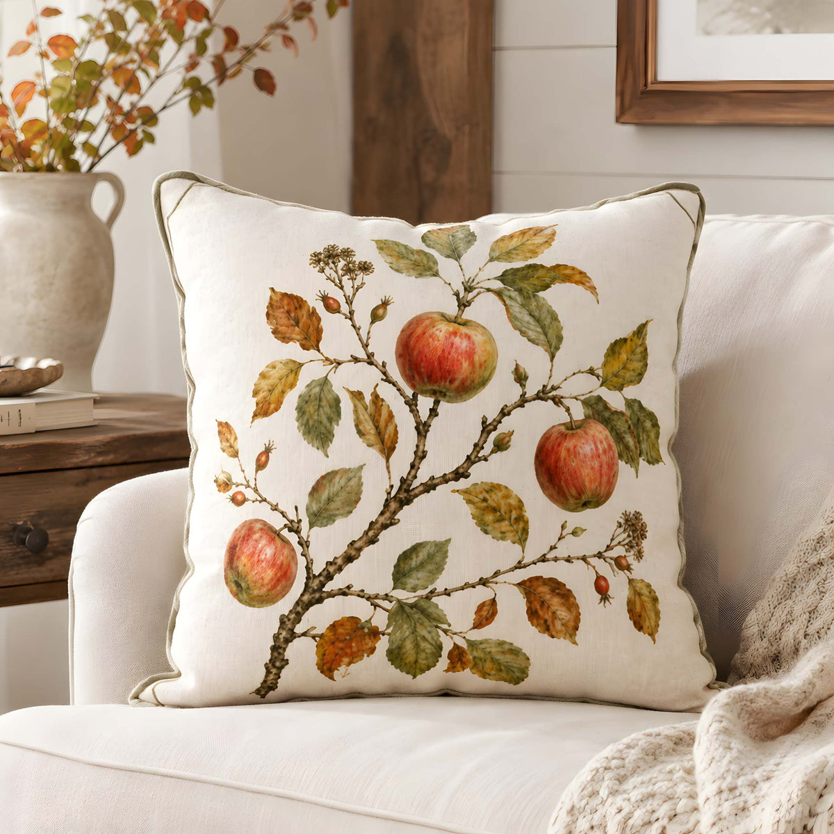 An Autumn throw pillow with a watercolor-style apple branch print, resting on a white sofa in a cozy fall living room setting.