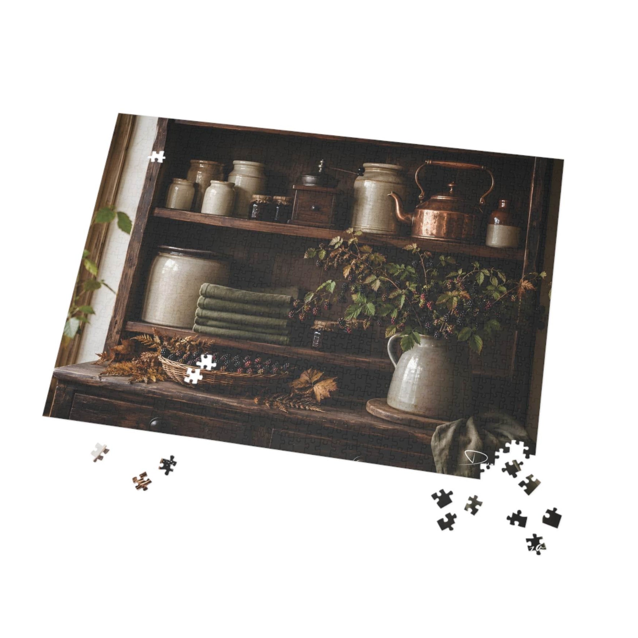 A rustic wooden shelf display print featuring vintage ceramic jugs, metal canisters, folded green towels, and a potted plant, shown on a white background with scattered jigsaw puzzle piece graphics around it.