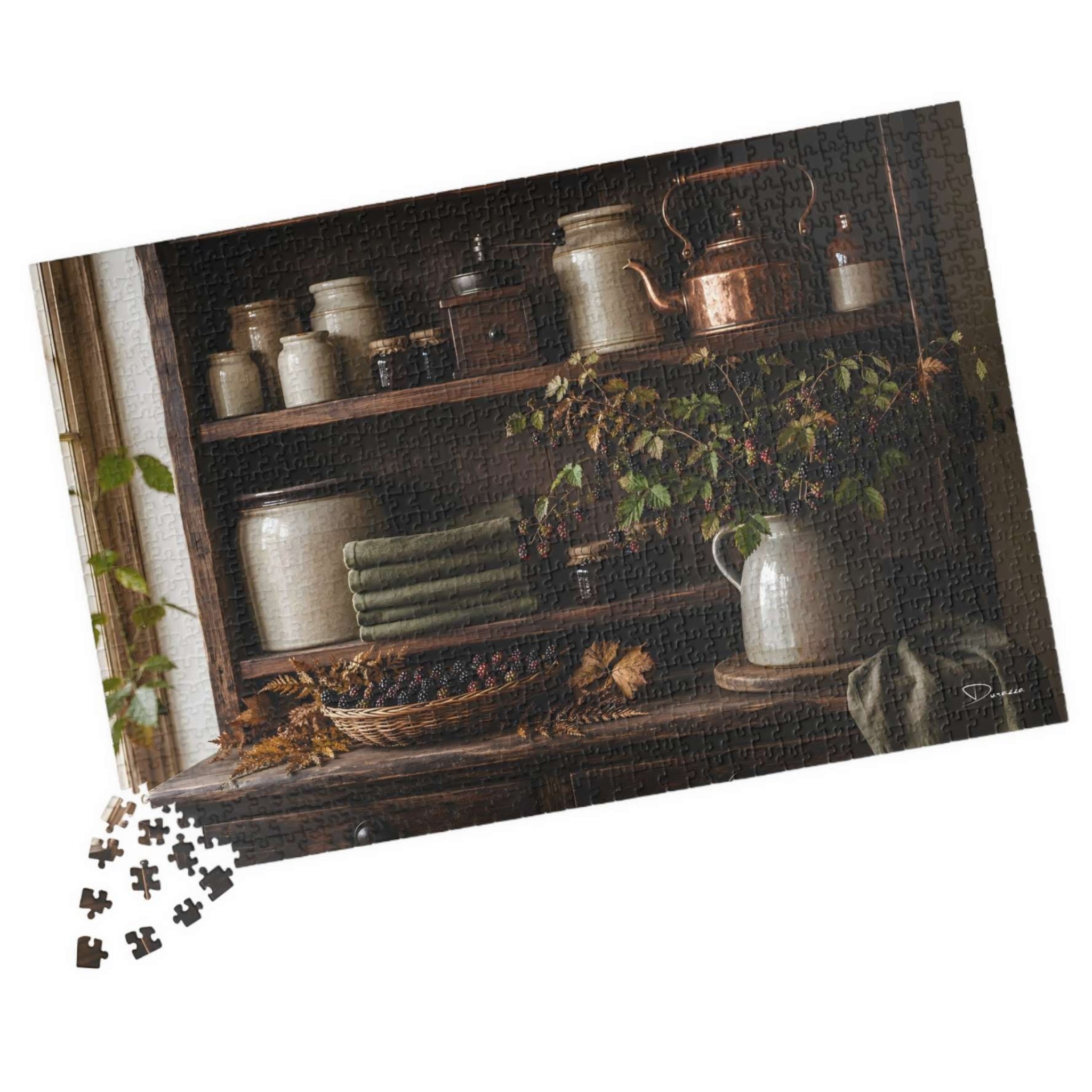 A 1000-piece jigsaw puzzle featuring a rustic still life scene of vintage kitchenware on wooden shelves, shown at an angle on a white background with a few loose puzzle pieces near the lower left.