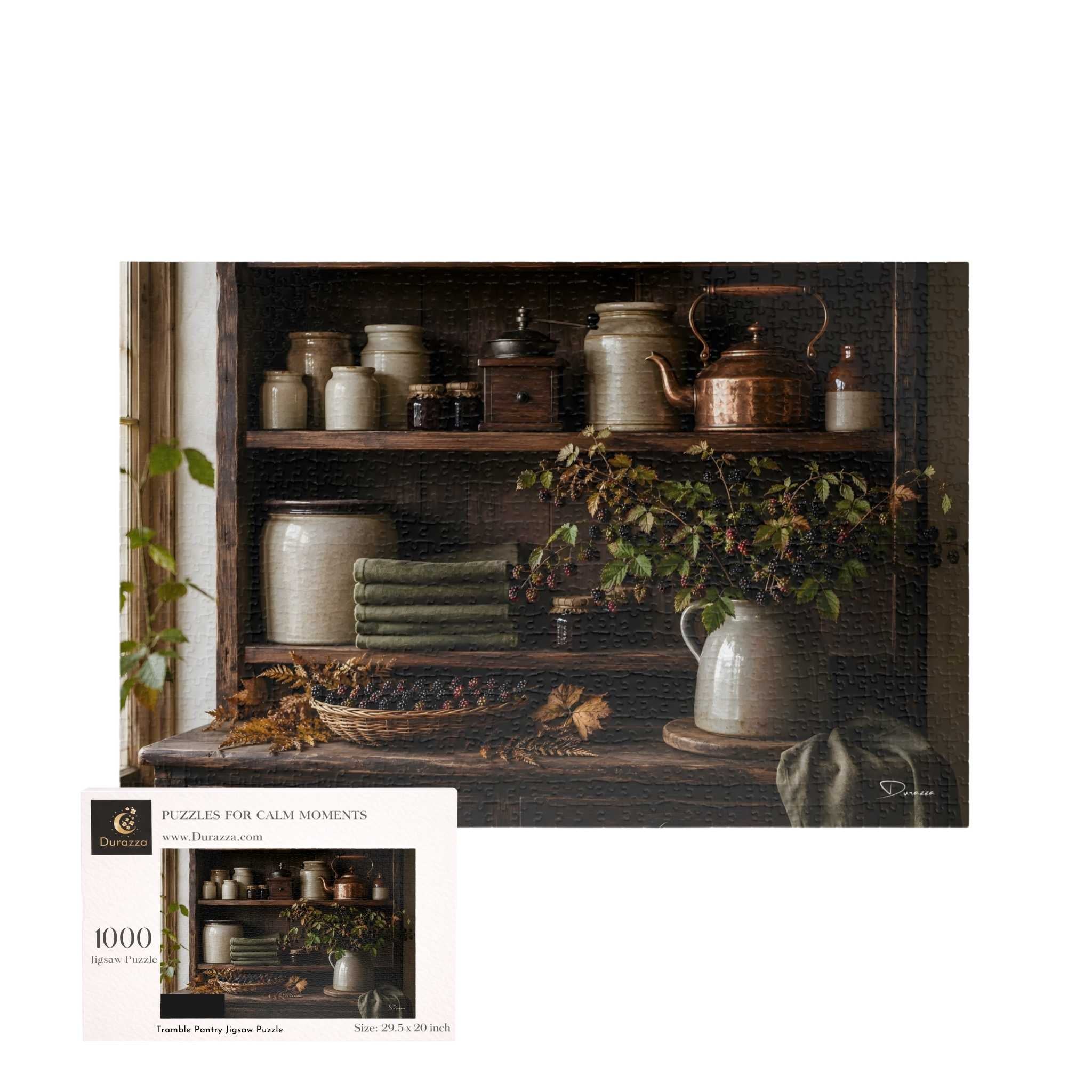 A 1000-piece jigsaw puzzle box shown in front of a large artwork preview of a rustic shelf scene with ceramic vessels, dried leaves, and greenery. The box reads 'Puzzles for Calm Moments' and '1000 Piece Puzzle'.