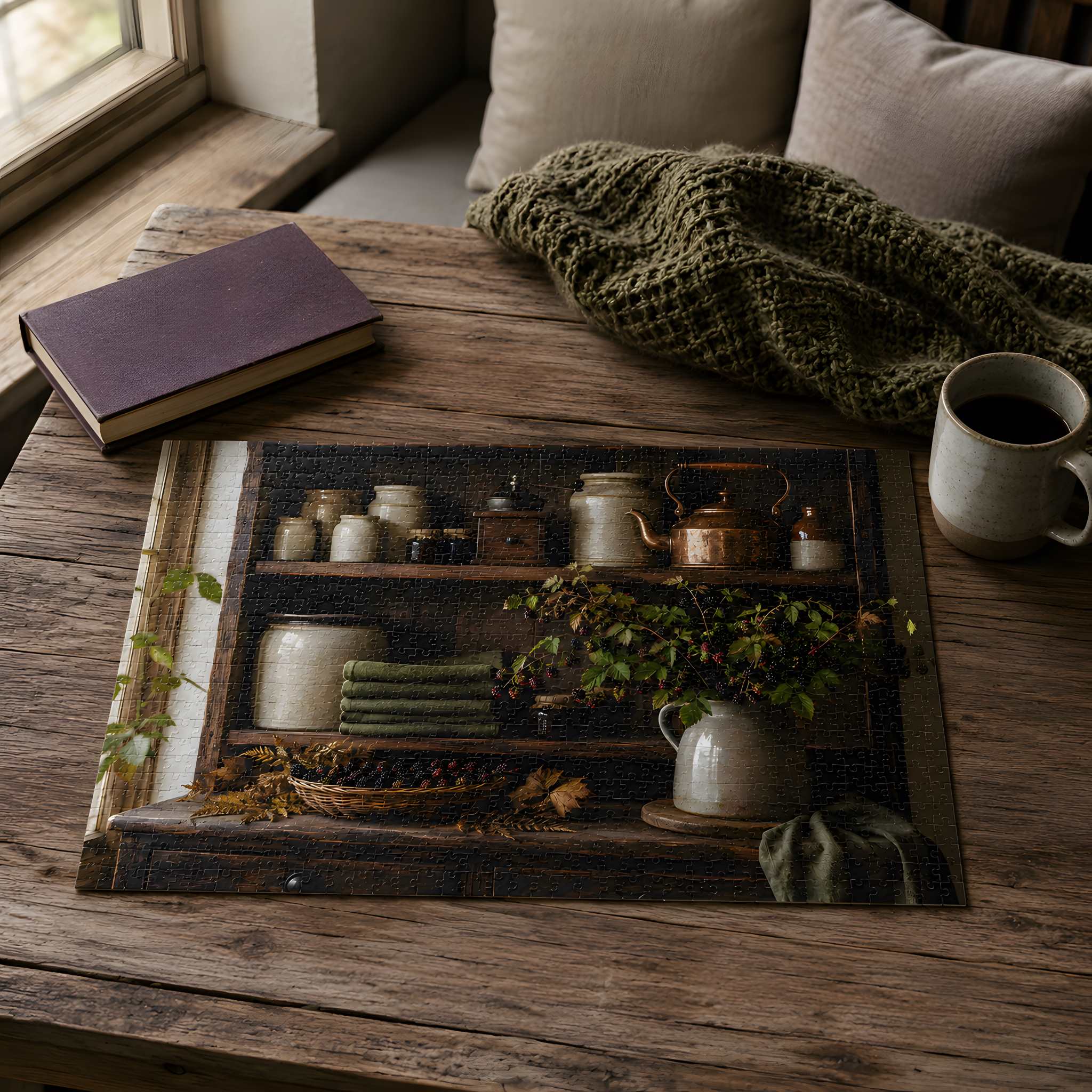 A 500 piece jigsaw puzzle featuring a rustic kitchen shelf scene with teapots, jars, and greenery, styled on a wooden table in a cozy room with a book, mug, and knit blanket nearby.