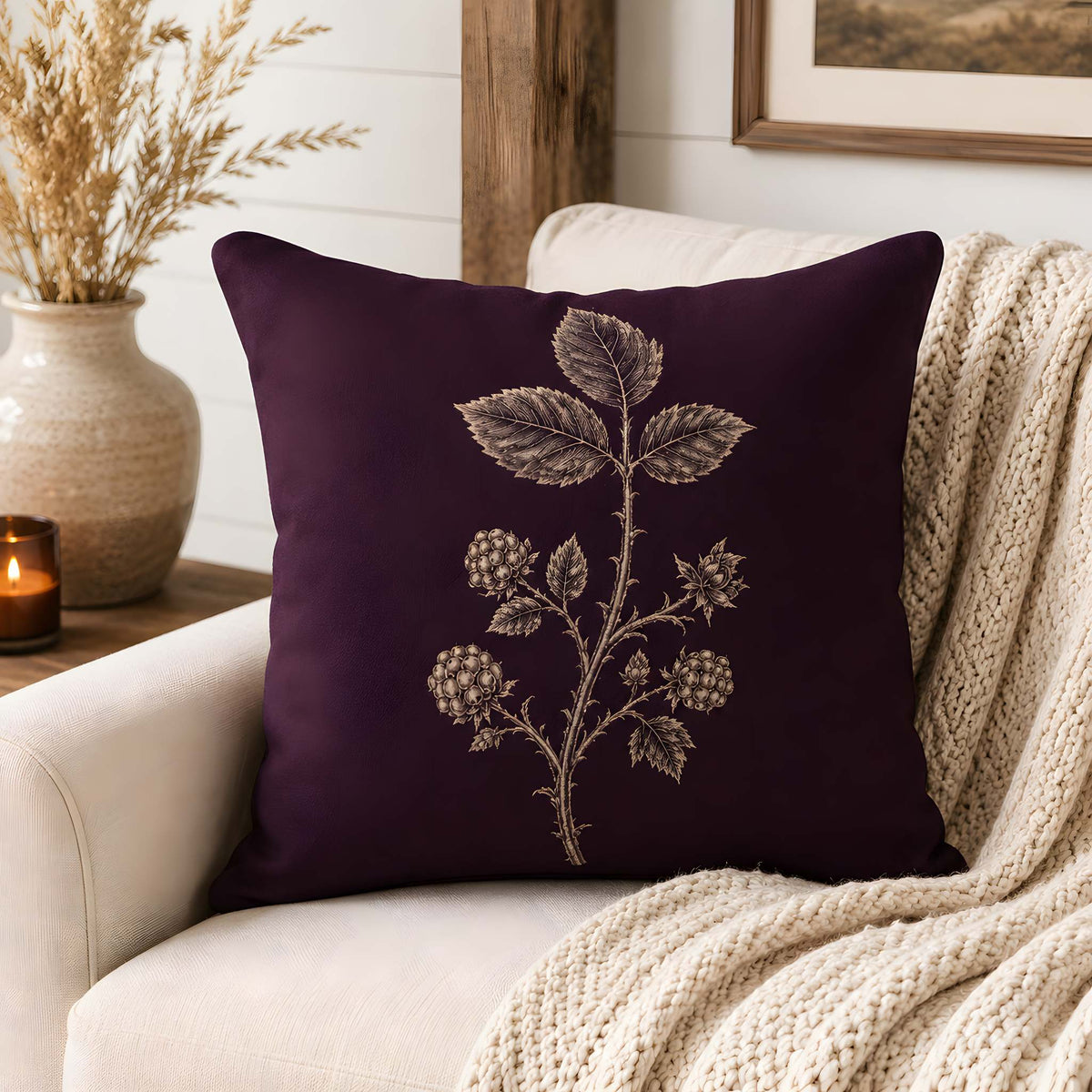 Blackberry Botanical Cotton Pillow Cover, 18" | Tramble Trails