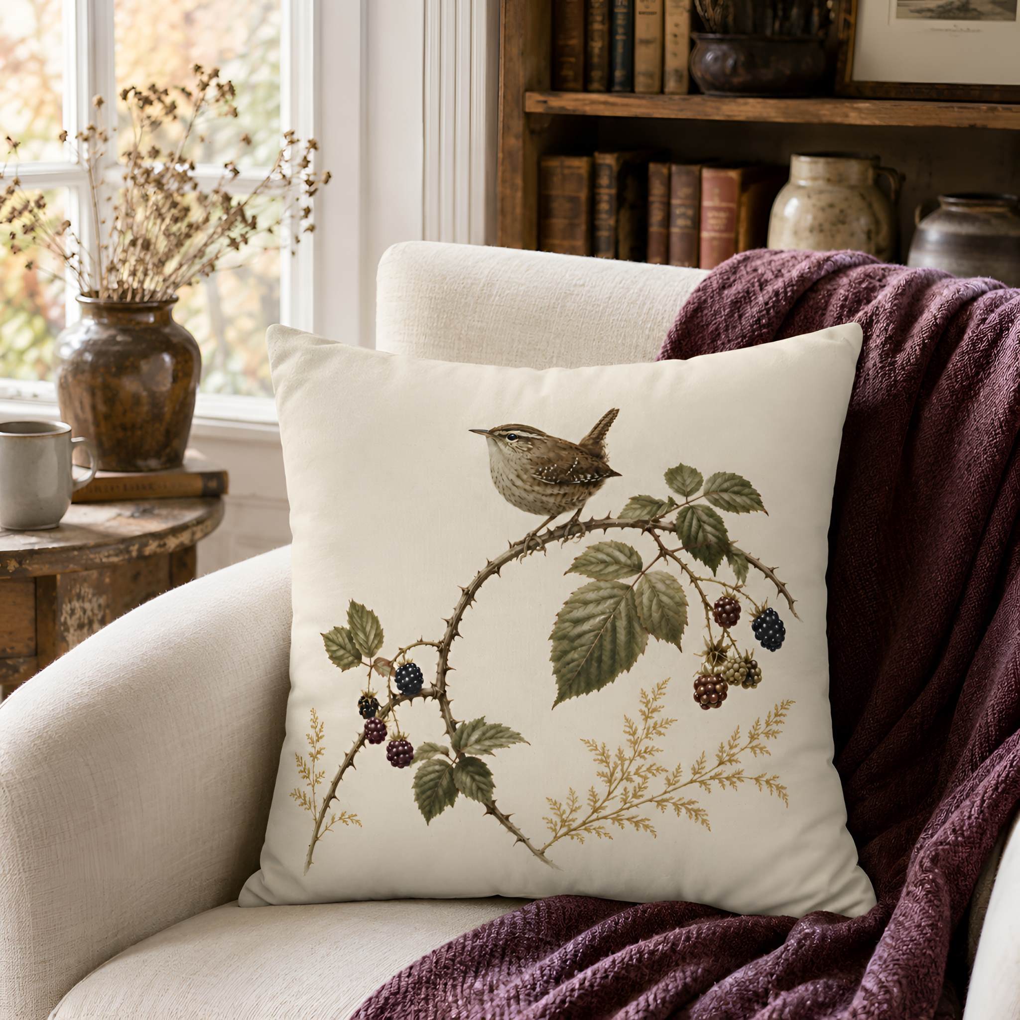 Wren and Blackberry Cotton Pillow Cover, 22" | Hedgerow Trail