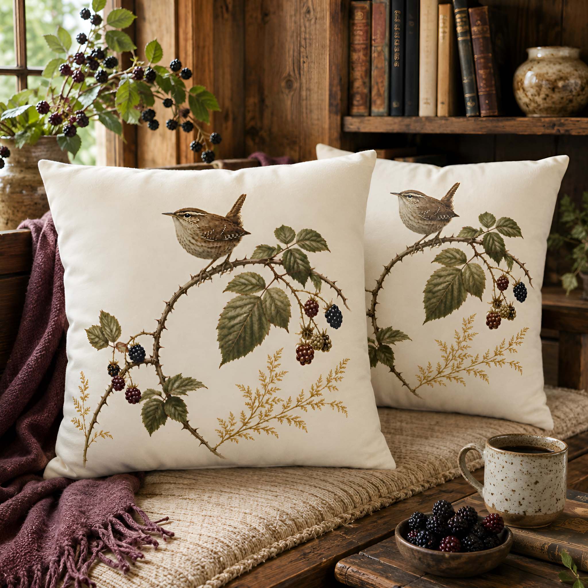 Wren and Blackberry Cotton Pillow Cover, 22" | Hedgerow Trail