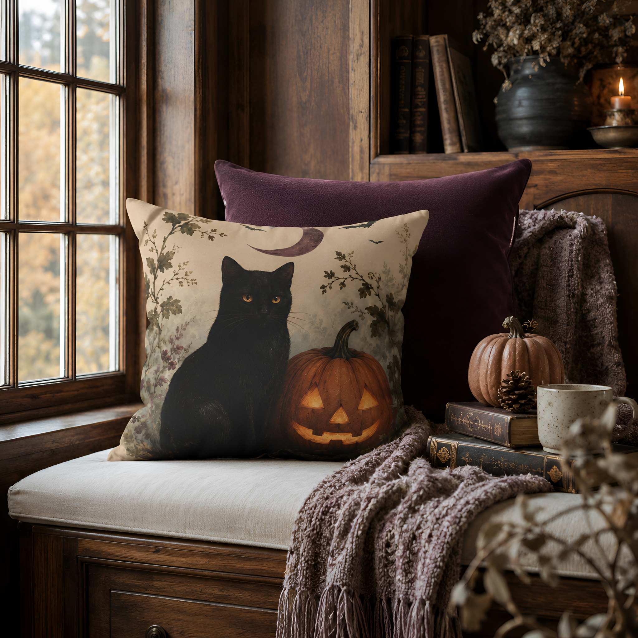 A square decorative throw pillow featuring a black cat and jack-o'-lantern design, styled on a wooden bench in a cozy autumn room setting.