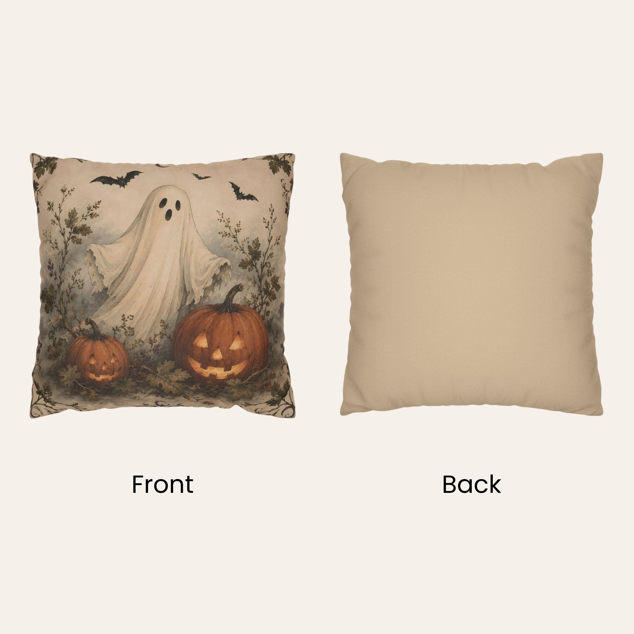 A square throw pillow shown from both sides on a light beige background. The left side, labeled Front, has a Halloween print with a ghost, two jack-o'-lanterns, bats, and a dark foliage background.