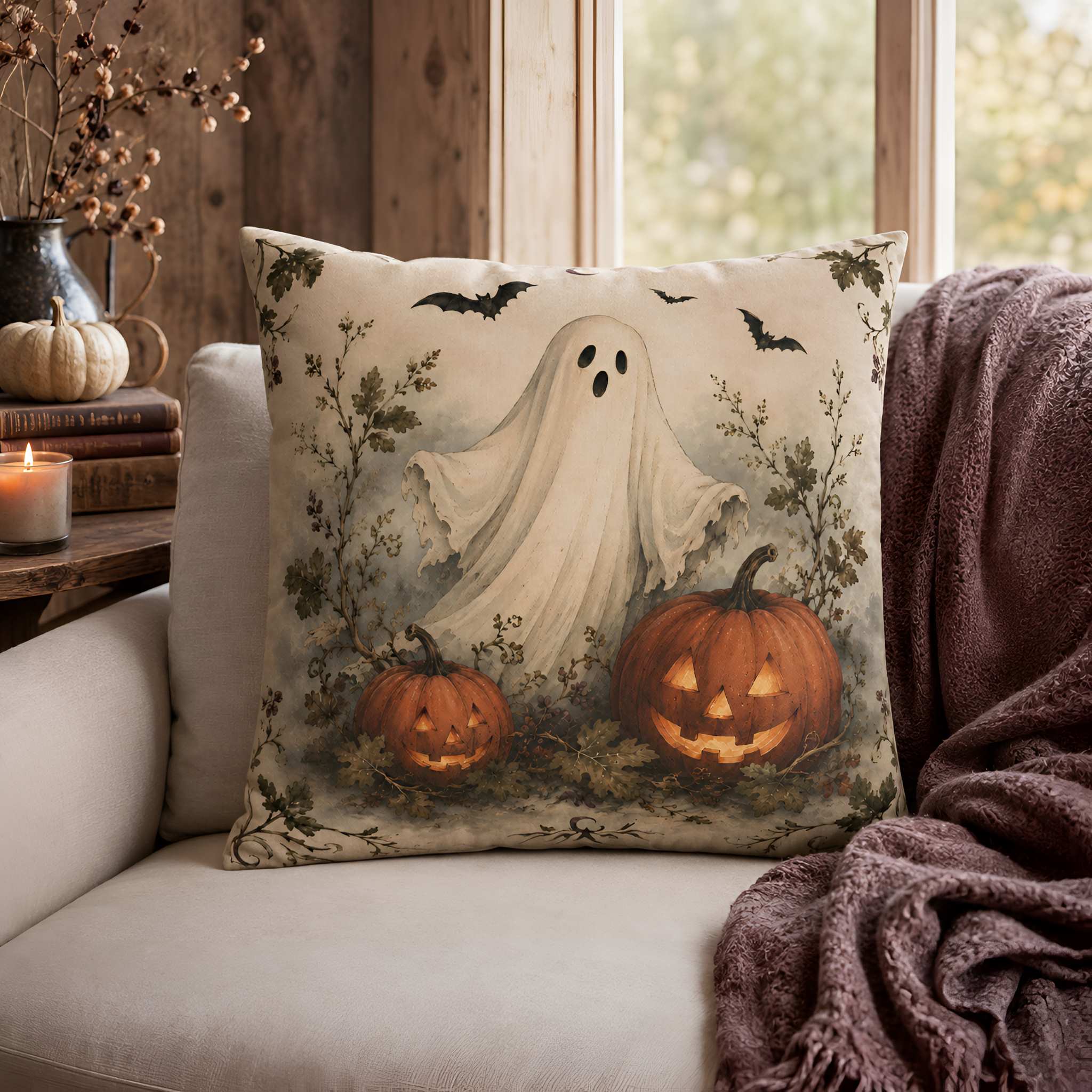 A square decorative throw pillow with a Halloween design featuring a ghost, pumpkins, and bats, styled on a light-colored sofa with a cozy blanket and a side table in the background.