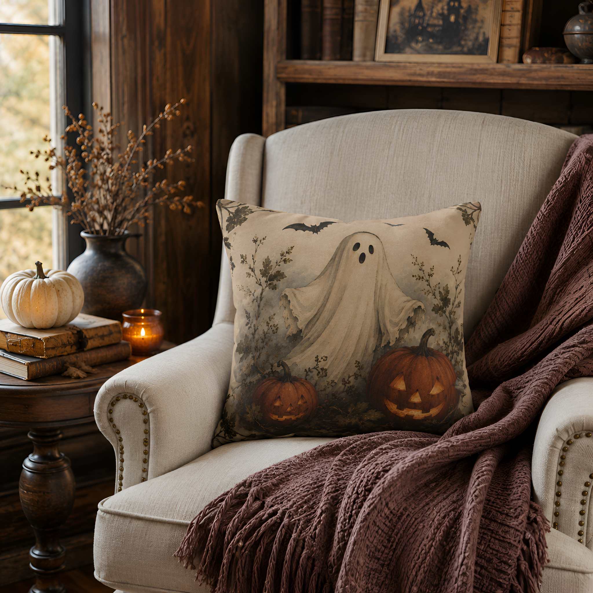 A square Halloween throw pillow with a ghost design, styled on an upholstered armchair in a cozy, rustic room with a brown knit blanket, a side table with a small pumpkin, and a bookshelf in the background.
