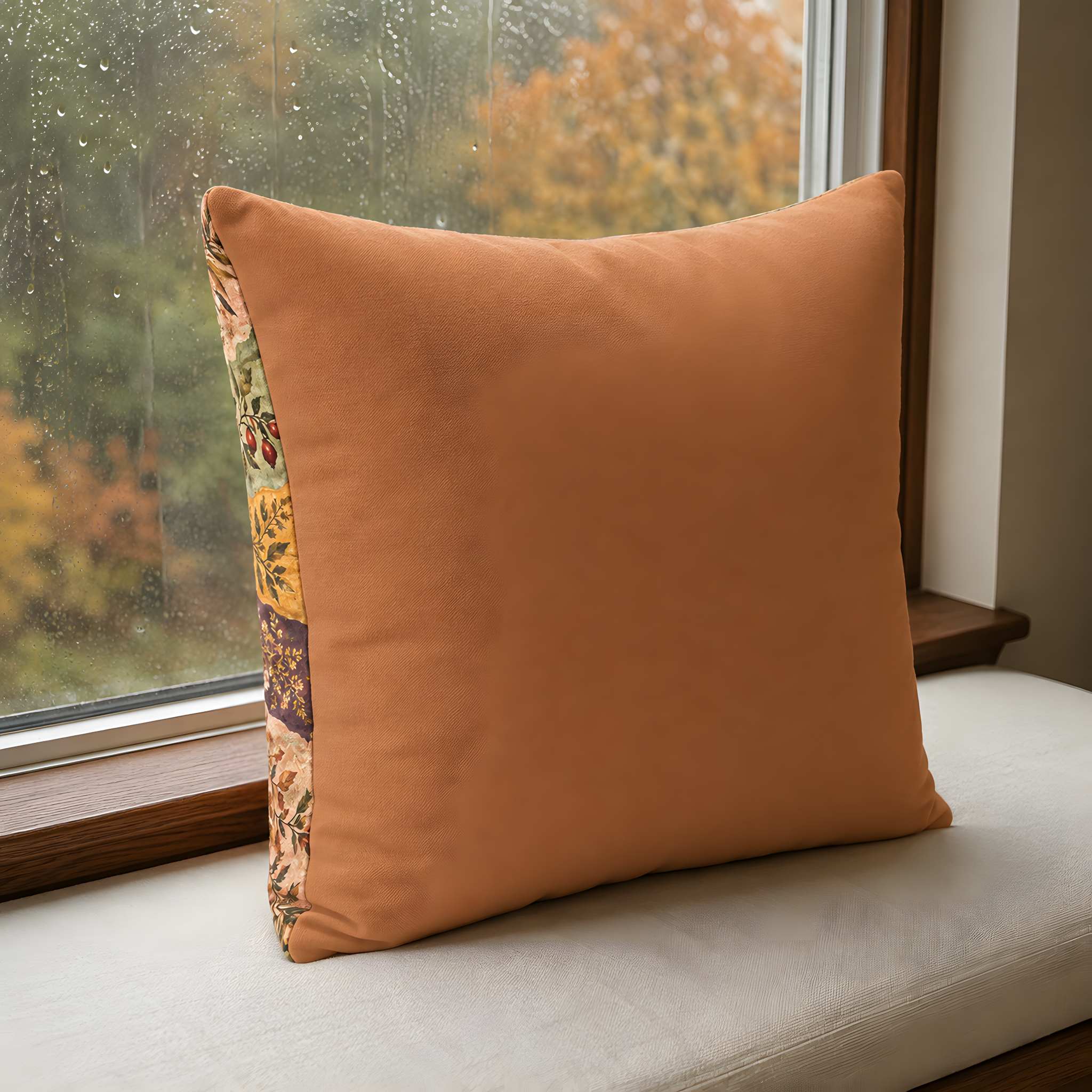 The back of a throw pillow cover in a warm terracotta orange color, resting on a white cushioned window seat with a rain-streaked window and autumn foliage in the background.