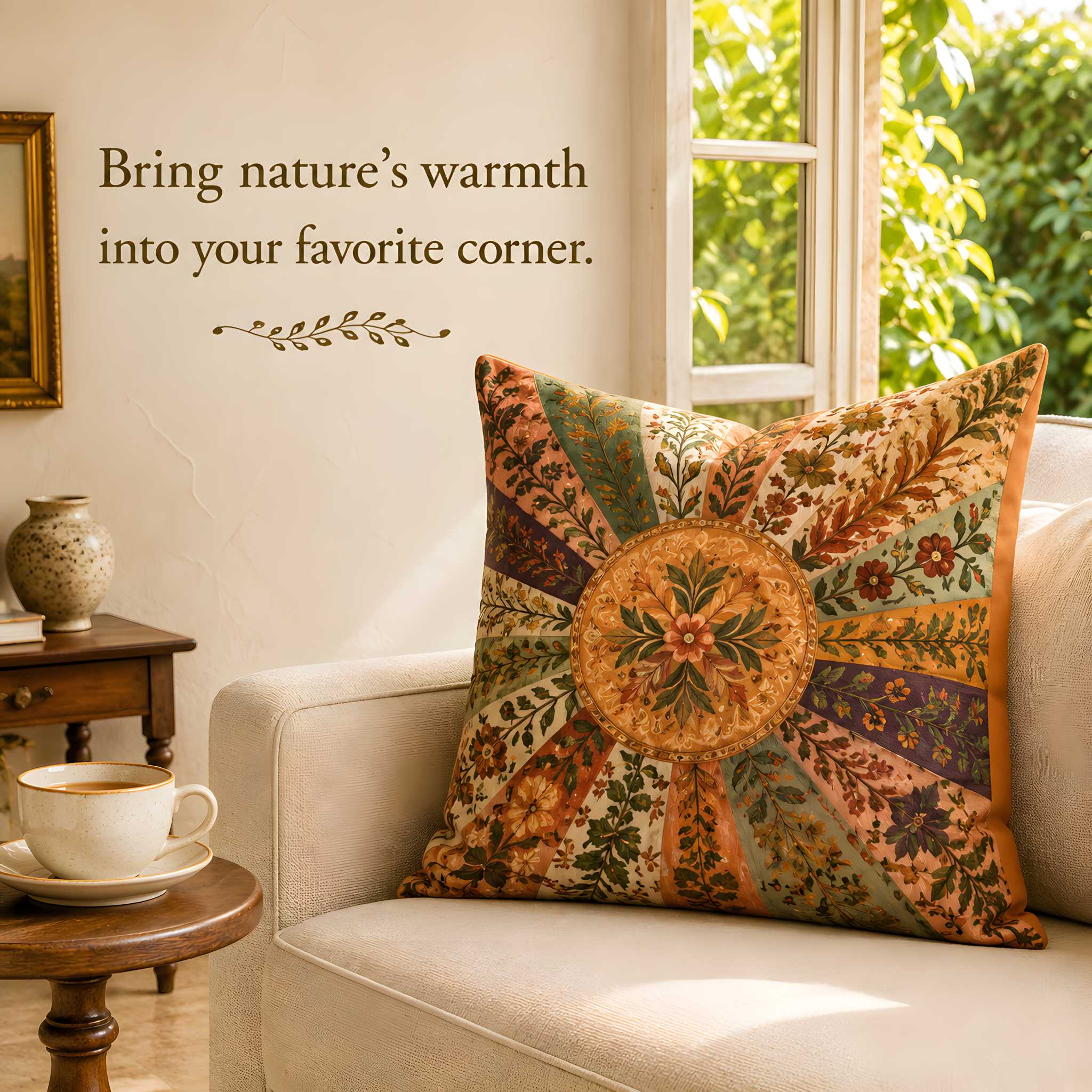 A decorative throw pillow with a detailed botanical sunburst pattern in earthy tones of green, orange, brown, and beige, styled on a cream sofa in a sunlit living room corner with a coffee cup on a side table.