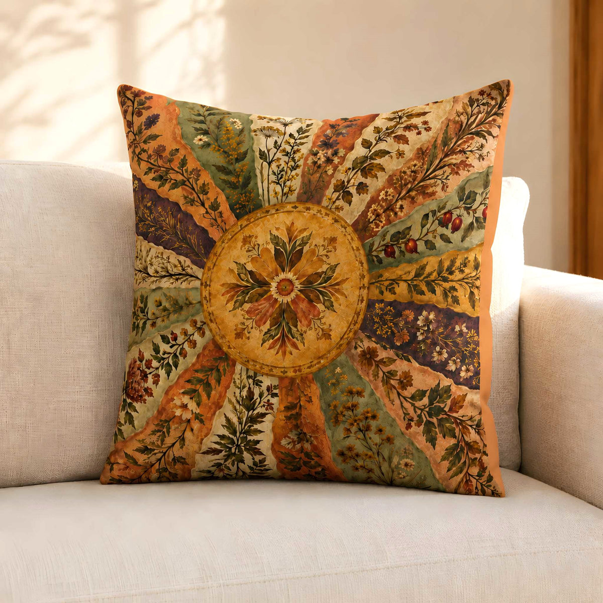 A terracotta decorative pillow cover with an intricate, vintage-style botanical sunburst pattern in warm earthy tones, resting on a light beige fabric sofa.
