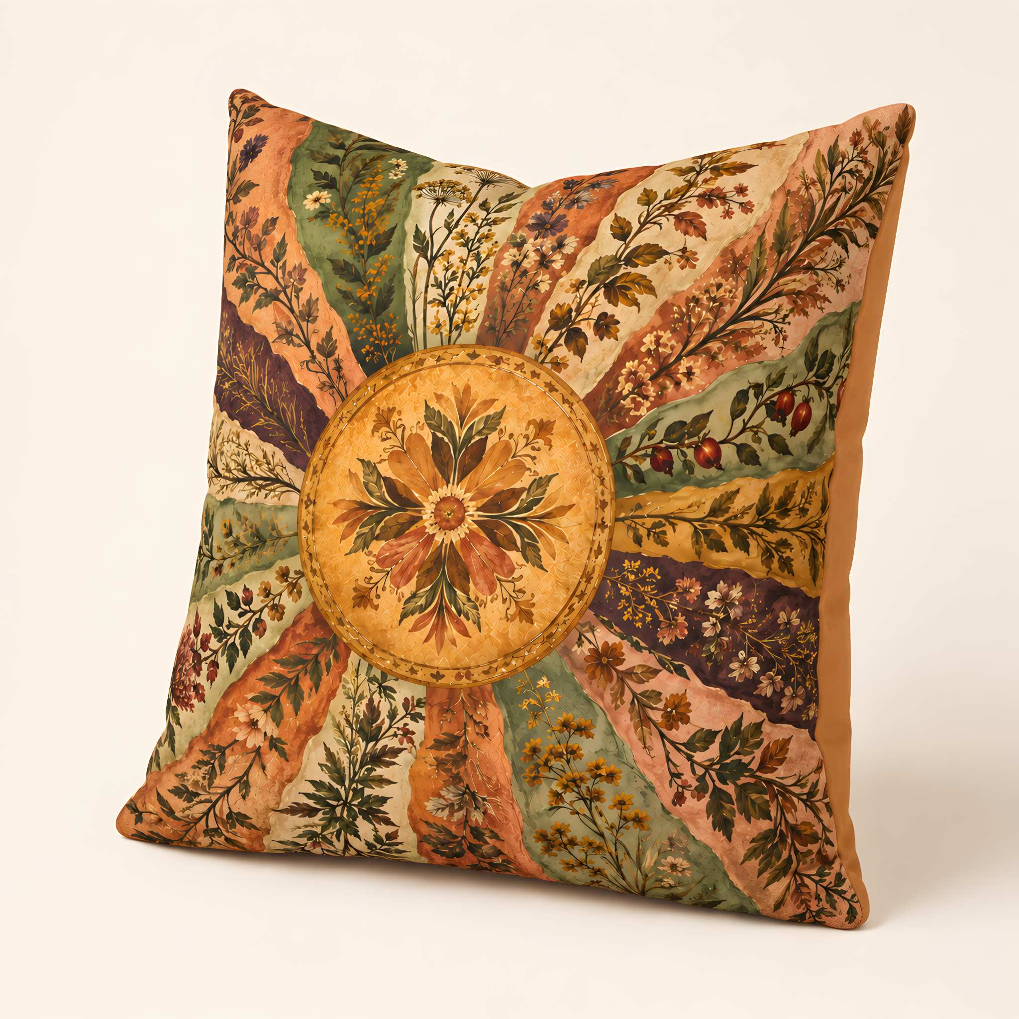 A unique floral throw pillow cover featuring an intricate botanical tapestry pattern with a central floral medallion and radiating leafy segments in earthy tones of orange, green, beige, and brown, set against a plain off-white background.