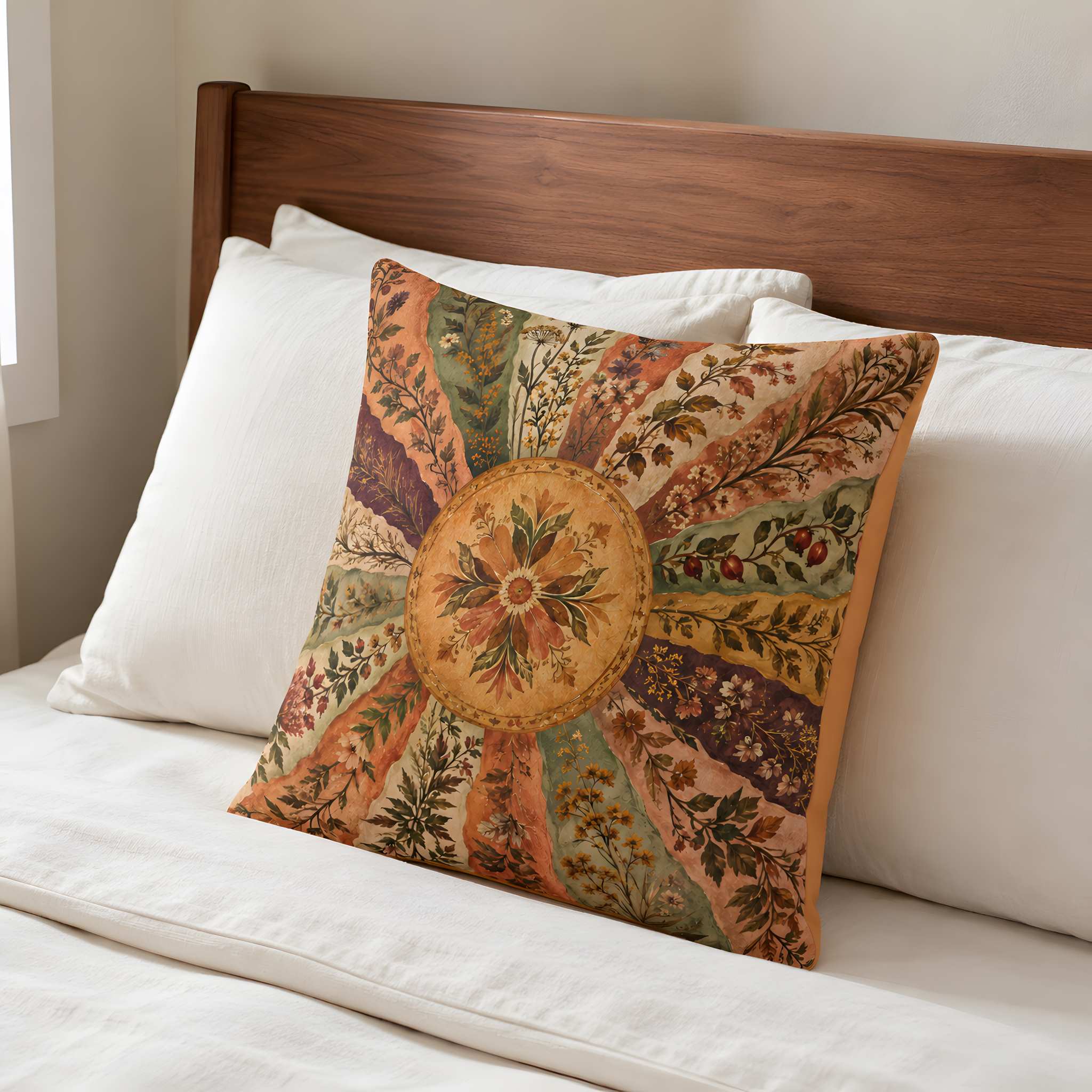 A square decorative throw pillow cover with an intricate vintage botanical pattern in earthy tones, styled on a bed with white pillows and a wooden headboard.