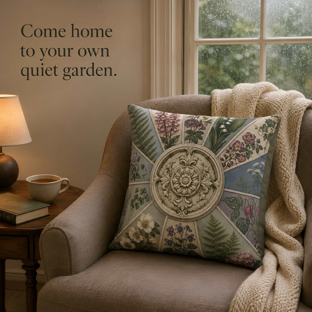 A decorative throw pillow with a botanical and medallion pattern rests on a beige armchair in a cozy room setting with a window, lamp, and cup of tea. Text on the wall reads, 'Come home to your own quiet garden.