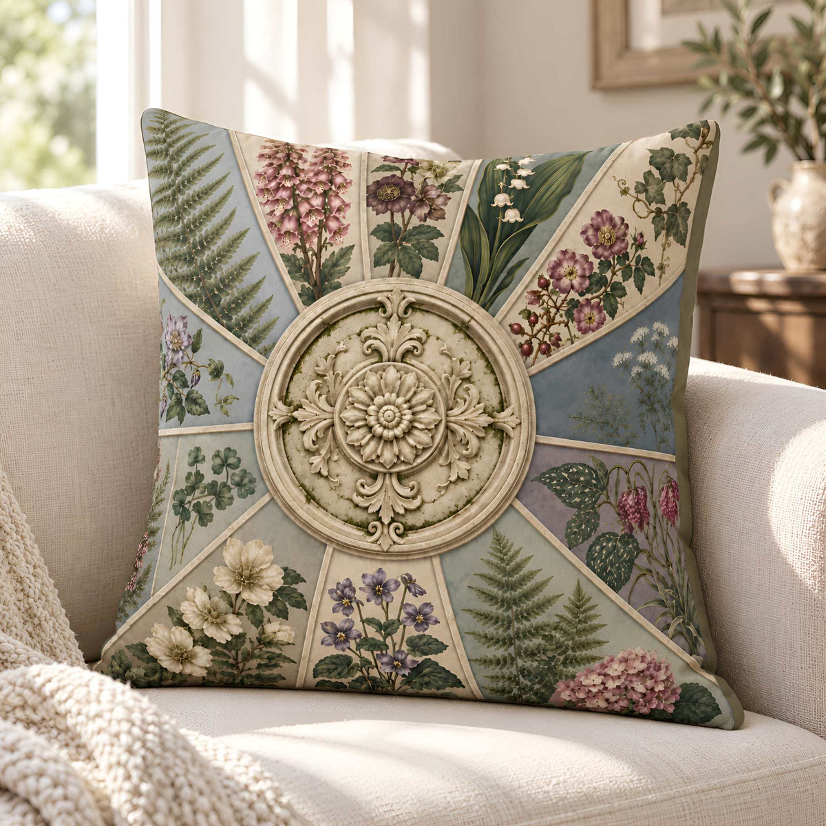 A square pillow cover with a vintage botanical and medallion design, styled on a cream-colored armchair with a knitted blanket.