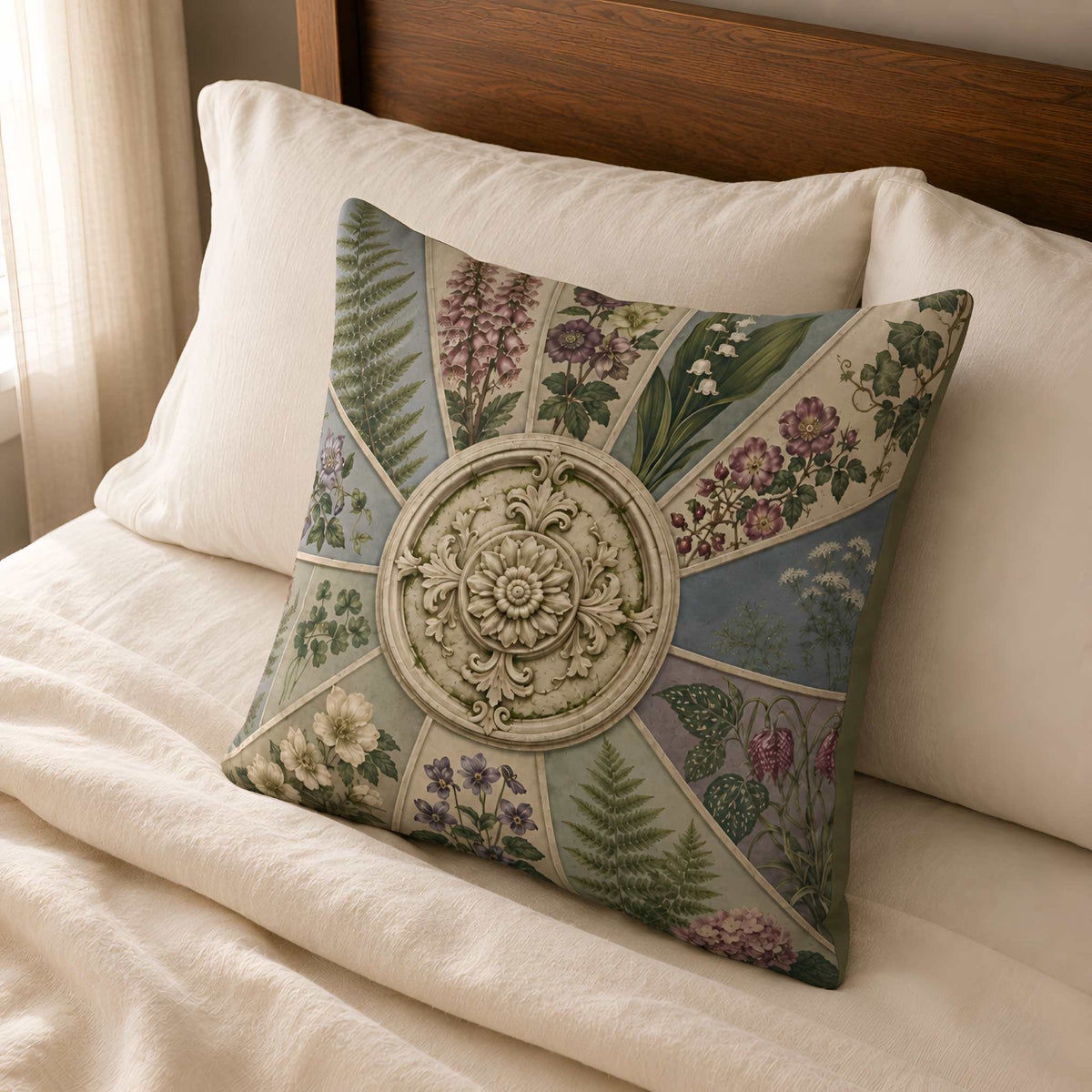 A square throw pillow cover with a botanical and medallion pattern, styled on a bed with cream bedding and a wooden headboard.