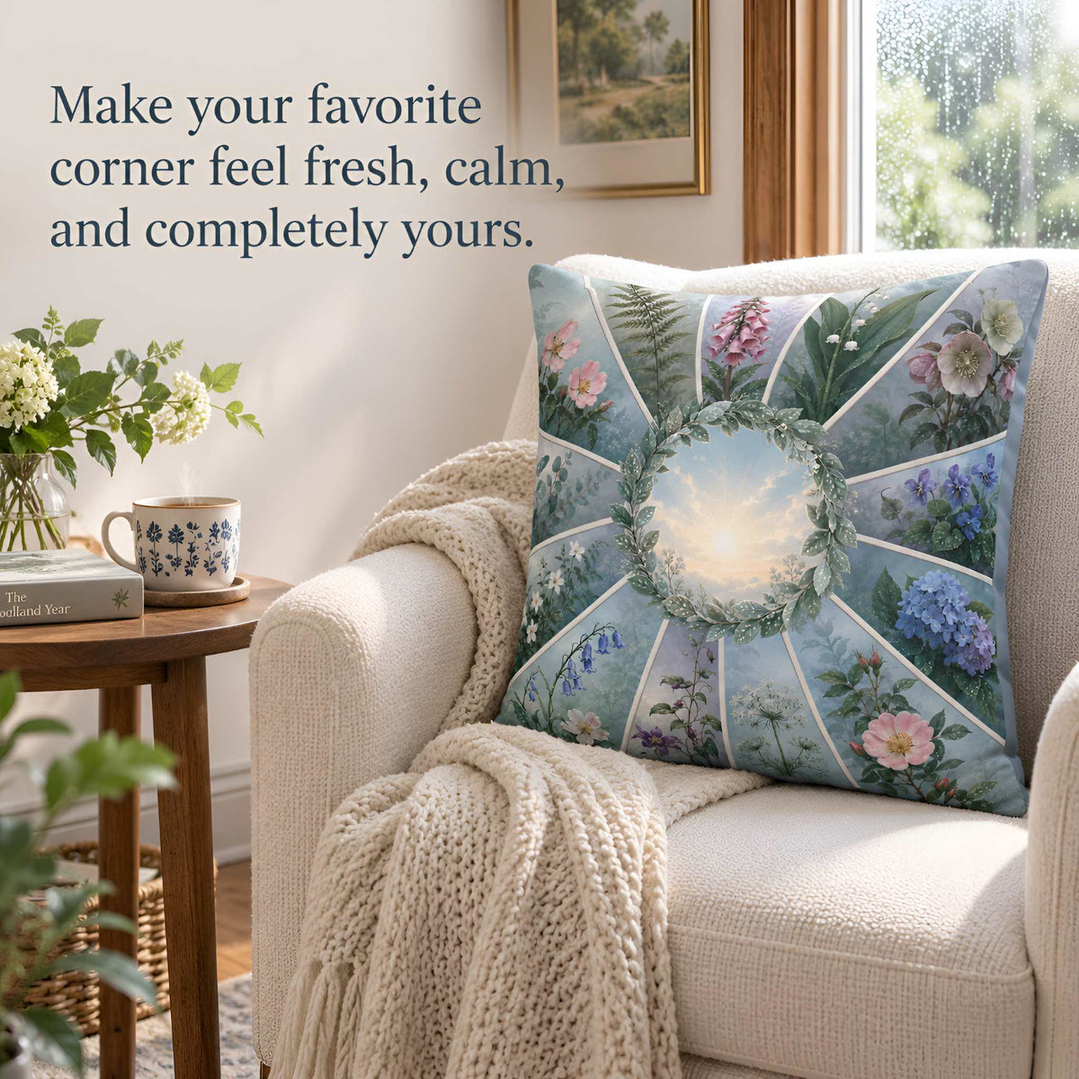 A decorative throw pillow cover with a botanical and floral sunburst design in soft blue, green, pink, and purple tones, styled on a cream armchair in a cozy living room setting with a knitted blanket and a side table.