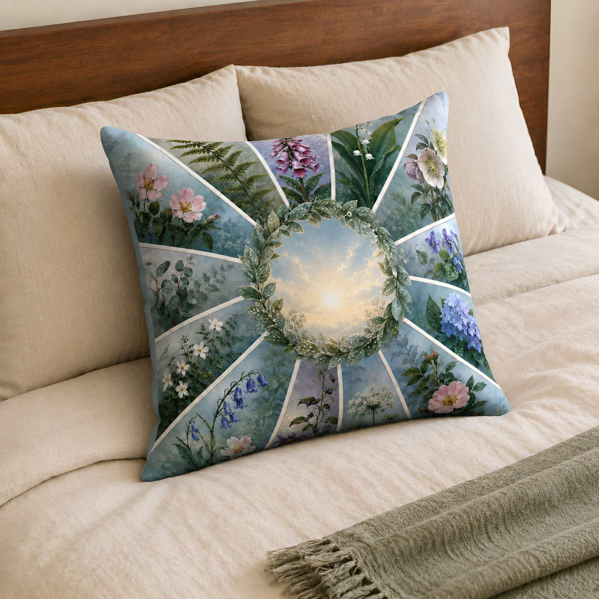 A square decorative throw pillow with a botanical and floral design, styled on a beige bed with a wooden headboard and a green throw blanket.