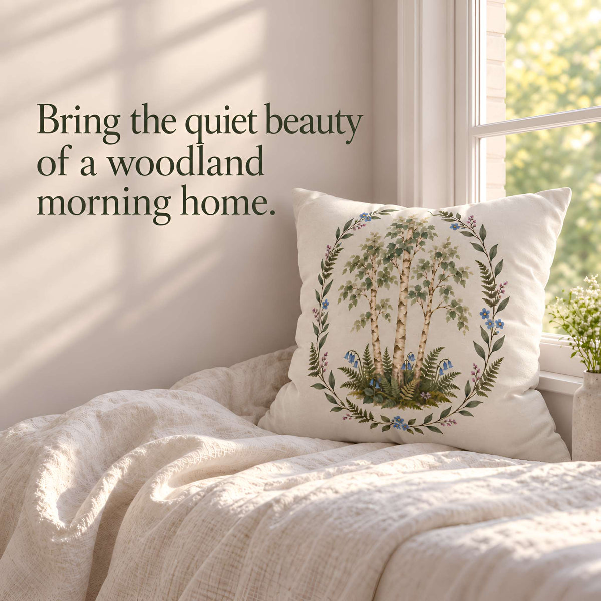 A decorative throw pillow with an embroidered woodland tree design in green, blue, and pink, resting on a cream-colored bed in a sunlit room. Text on the left reads, 'Bring the quiet beauty of a woodland morning home.