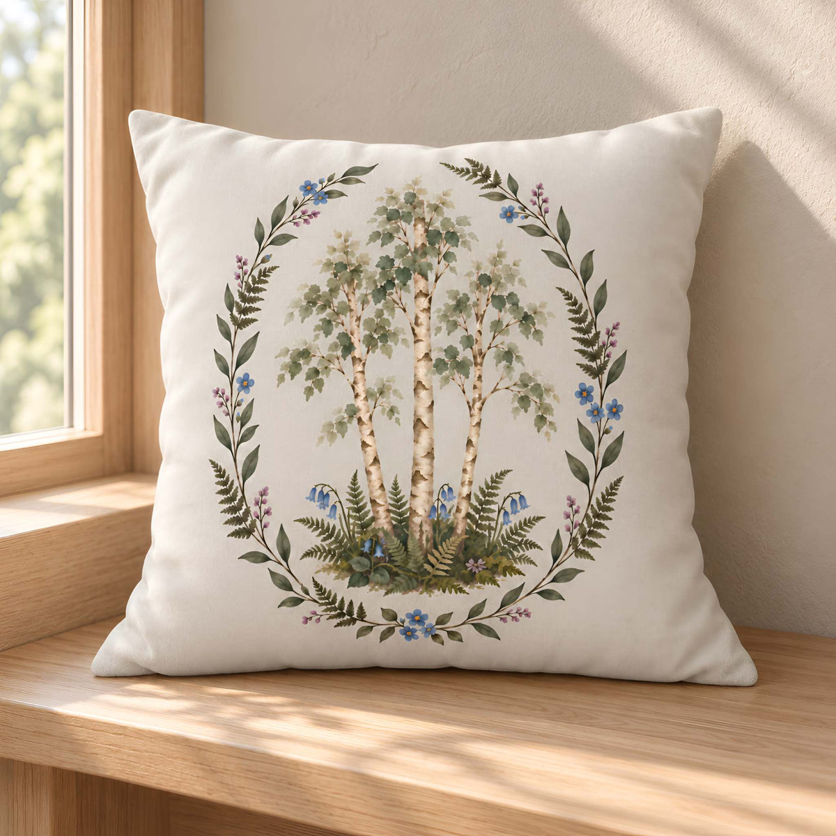 A square cream pillow coer with a detailed botanical illustration of birch trees and blue flowers, resting on a wooden windowsill with warm natural light.