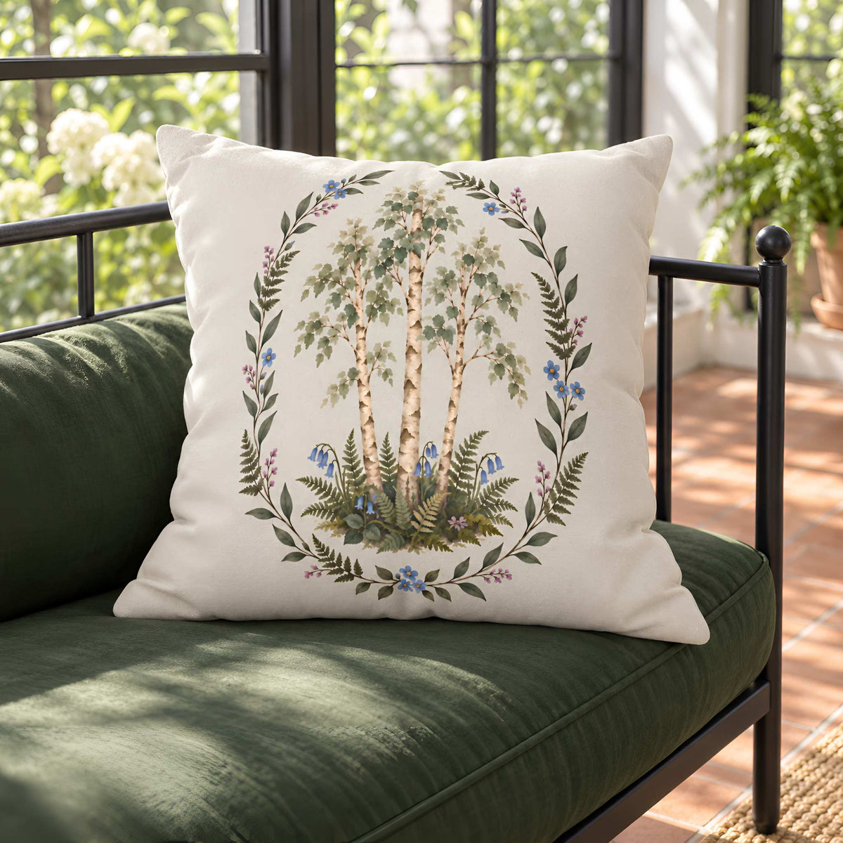 A square off-white throw pillow cover with a detailed botanical print of birch trees framed by a leafy wreath, resting on a dark green velvet sofa in a sunlit room.