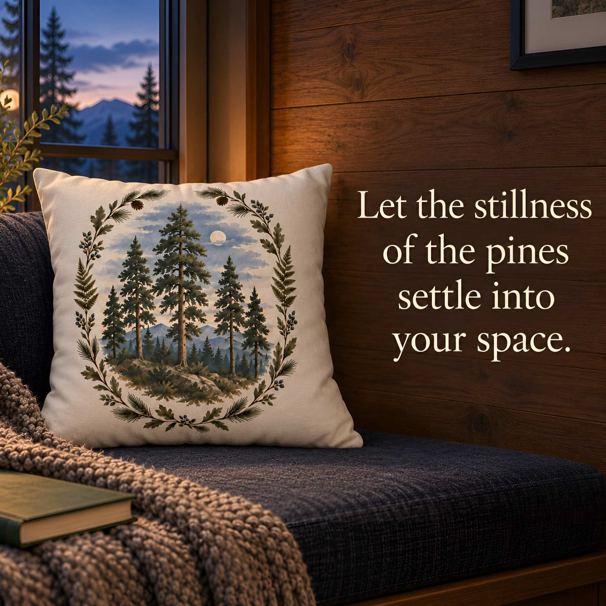 A square pillow cover with a forest design and the quote 'Let the stillness of the pines settle into your space.' resting on a dark sofa in a cozy room with wood-paneled walls and a window showing a mountain view at dusk.
