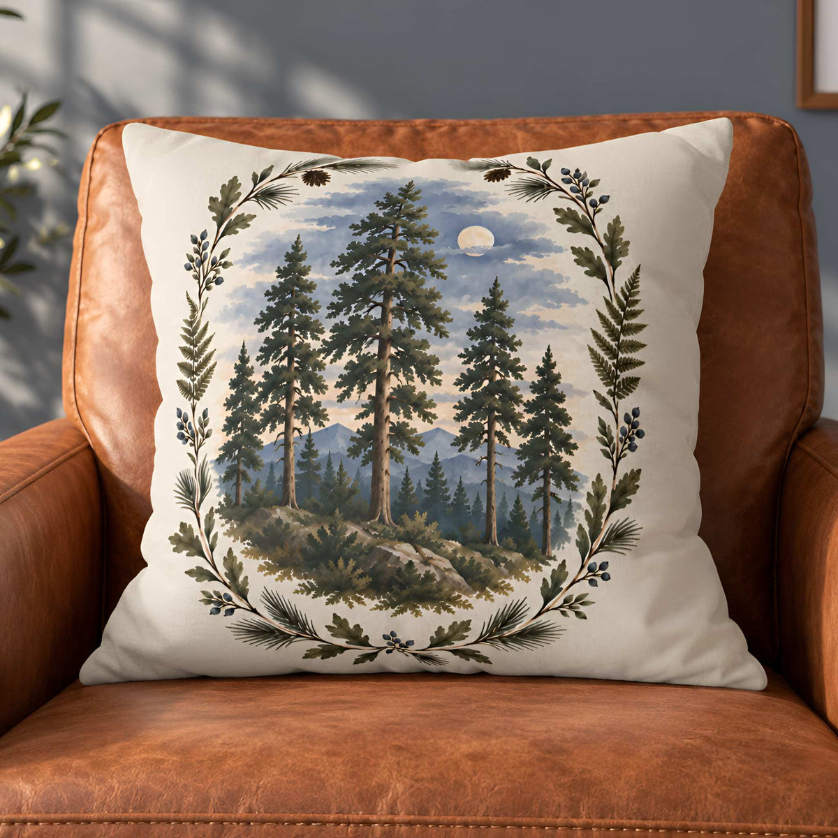 A square throw pillow with a detailed forest landscape print, styled on a brown leather armchair against a dark gray wall.