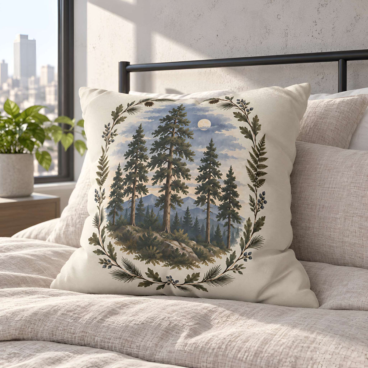 A square throw pillow cover with a forest moonlit scene printed on the front, styled on a bed in a bedroom setting.