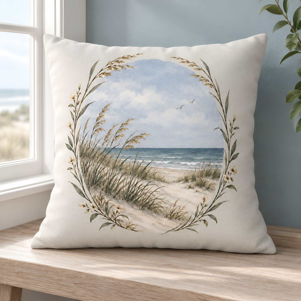 A square pillow cover with a beach scene printed in the center, framed by a circular wreath of sea oats and small flowers. The pillow is styled on a wooden window sill next to a window and a plant.