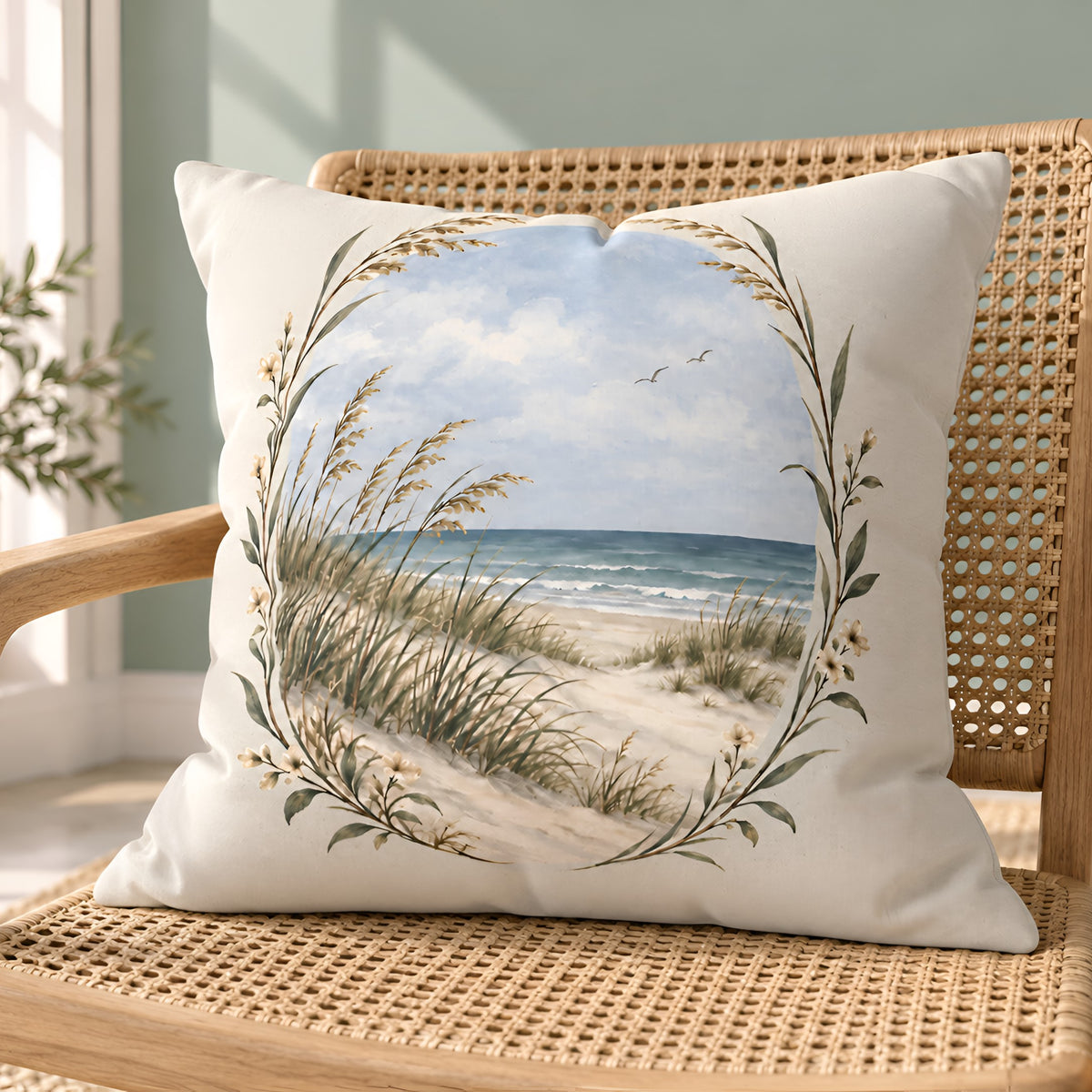 A square throw pillow with a beach dune scene printed in the center, framed by a circular wreath of sea oats and leaves, resting on a woven rattan armchair in a softly lit room.