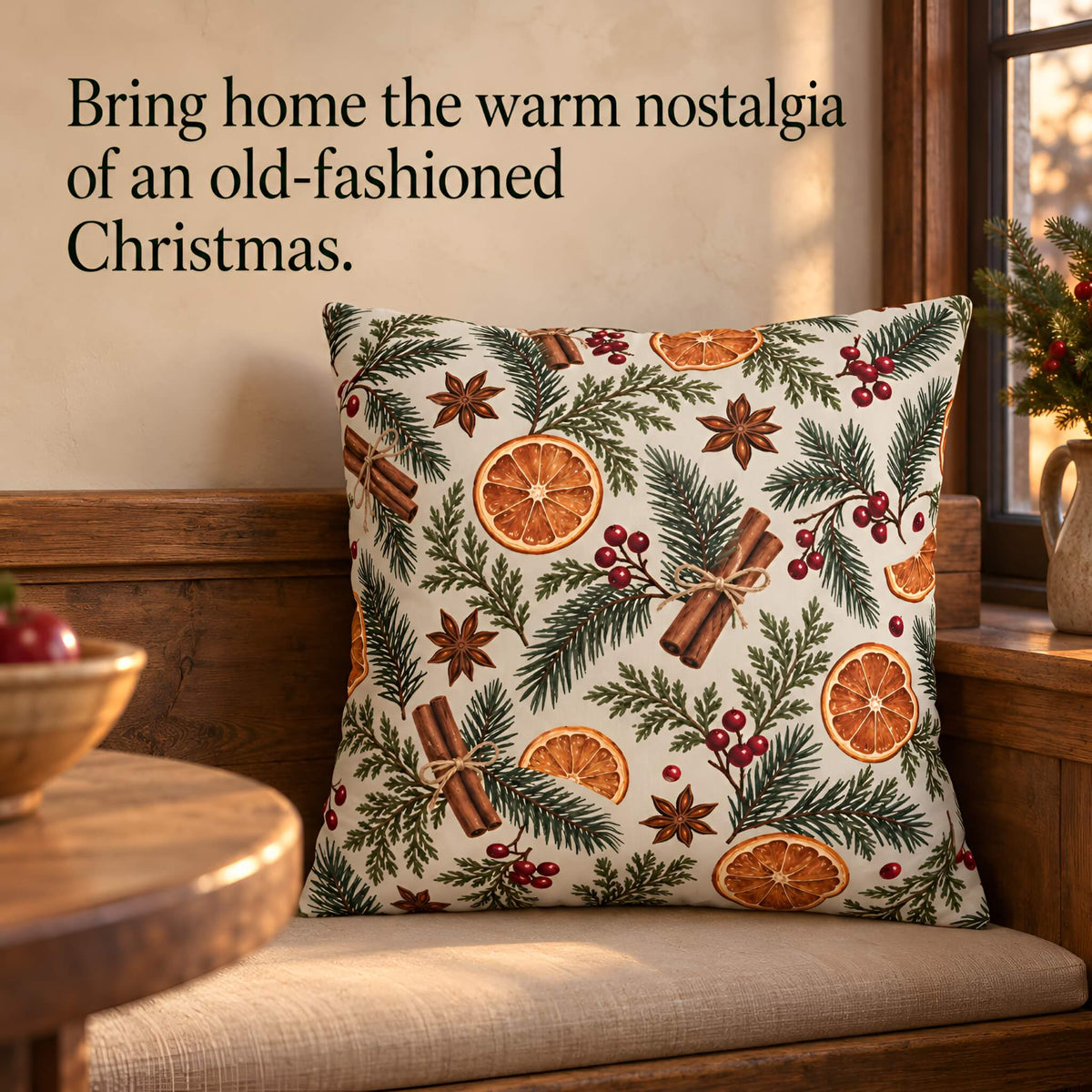 An 18x18 winter throw pillow cover with a Christmas-themed print featuring orange slices, cinnamon sticks, star anise, and red berries on a cream background, styled on a wooden bench in a warm indoor setting with text overlay at the top.