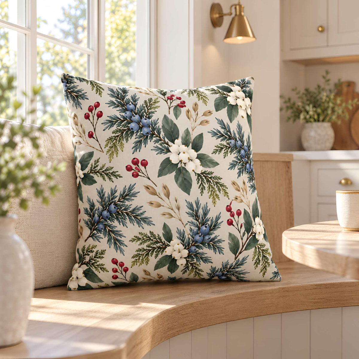 A square throw pillow with a detailed botanical pattern of holly leaves, blue berries, and white flowers on a cream background, styled on a wooden bench in a bright, modern kitchen setting.