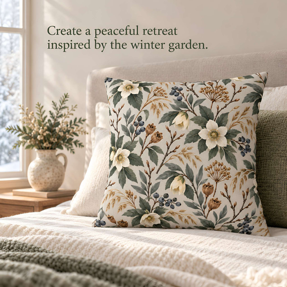Winter botanical pillow with ivory flowers, blue berries and evergreen branches styled in a peaceful neutral bedroom
