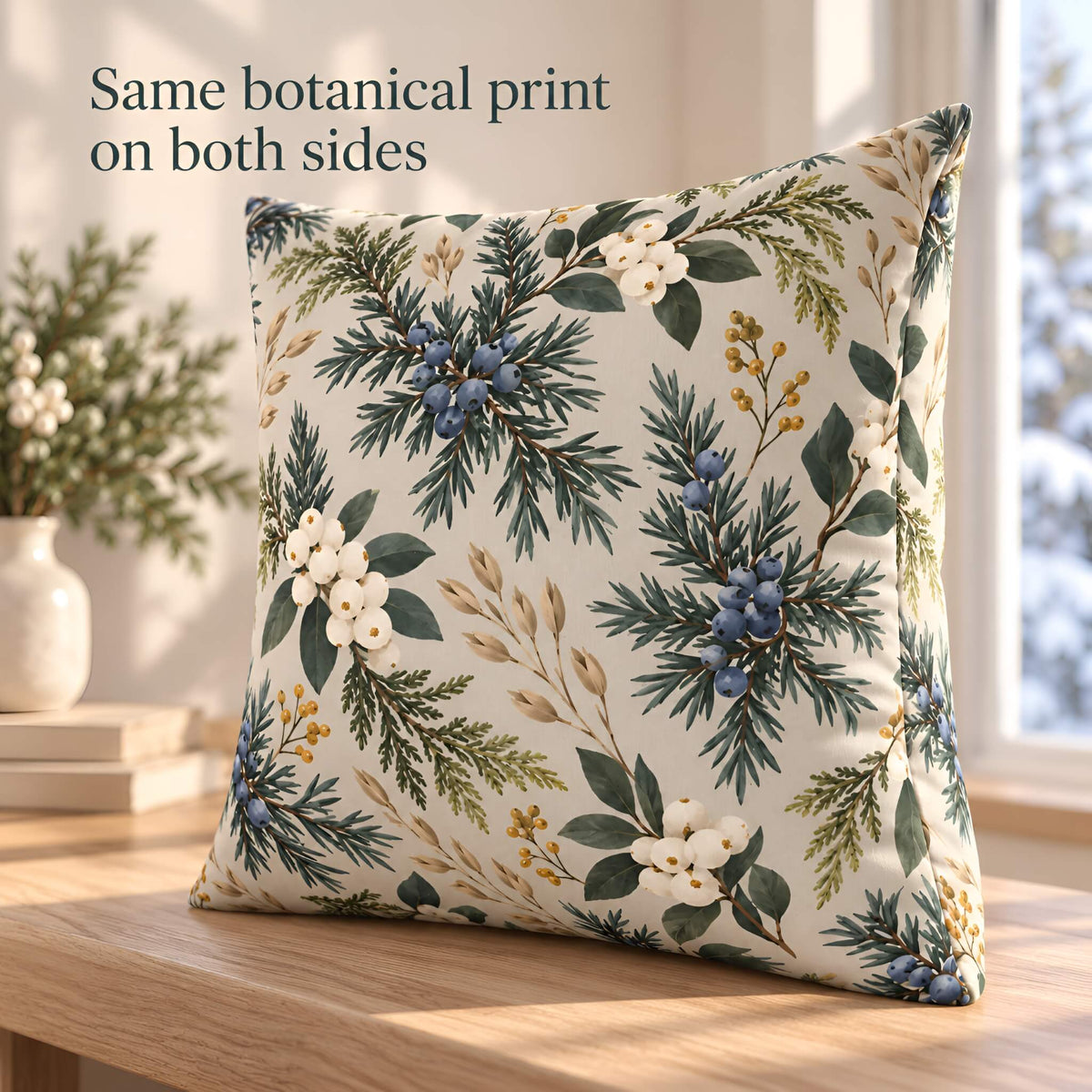 A winter floral pillow cover with a botanical print of pine branches, blue berries, and white flowers on a cream background, styled on a wooden table next to a vase with flowers. Text in the upper left reads 'Same botanical print on both sides'.